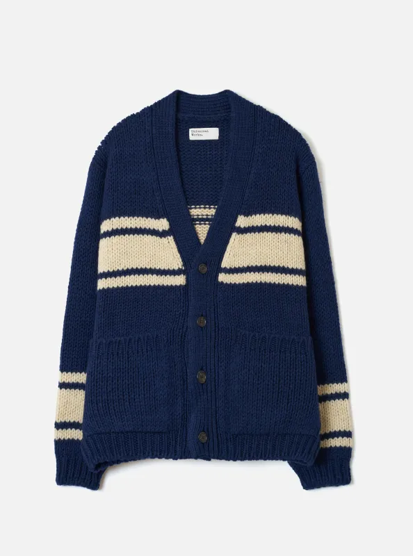 Navy Chunky Knit Stripe Langdale Cardigan made by Universal Works