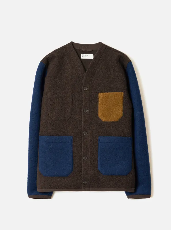 Brown/Indigo Wool Fleece Cardigan made by Universal Works