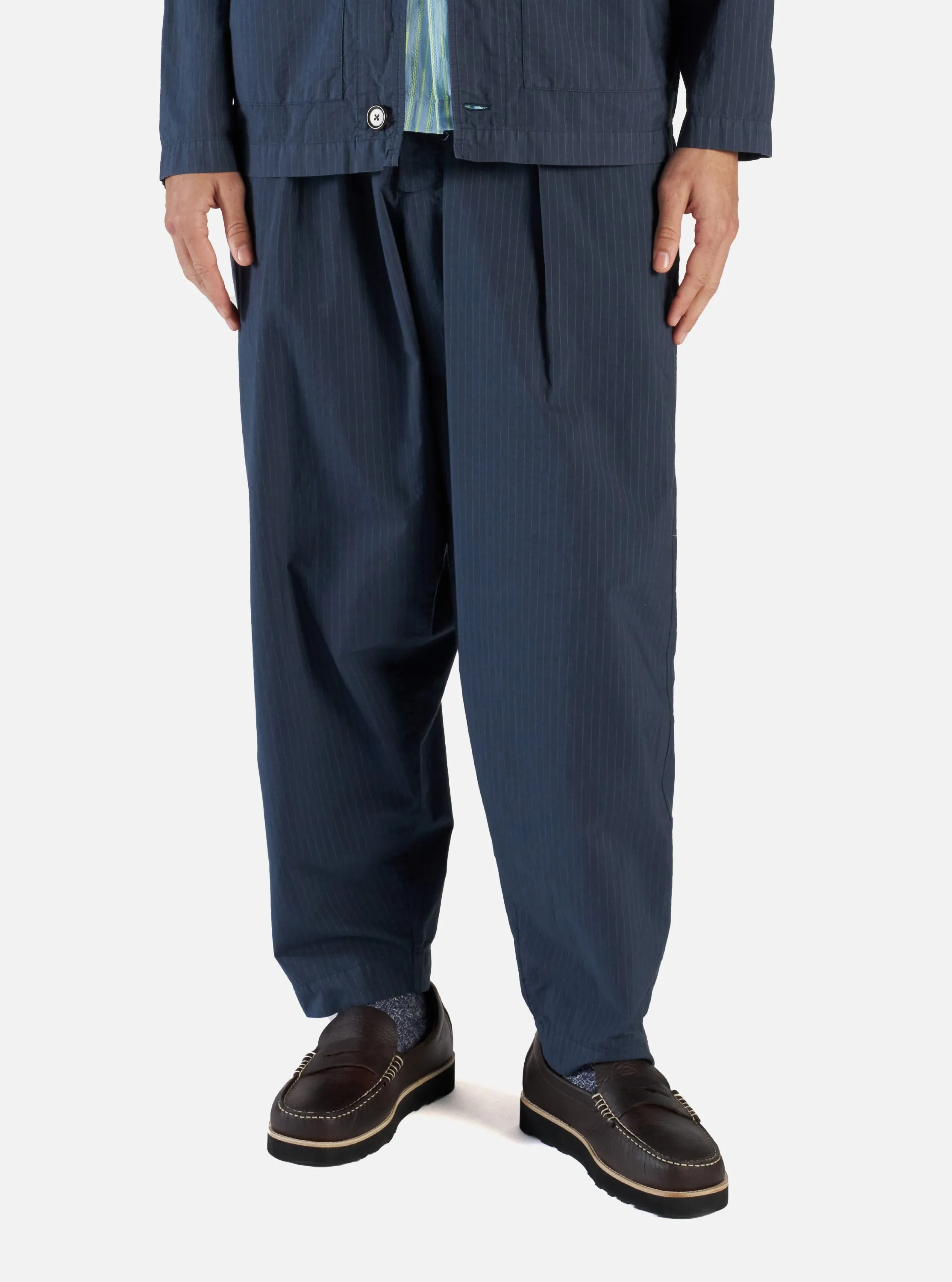 Universal Works Oxford Pant in Navy Nearly Pinstripe sold by Universal Works