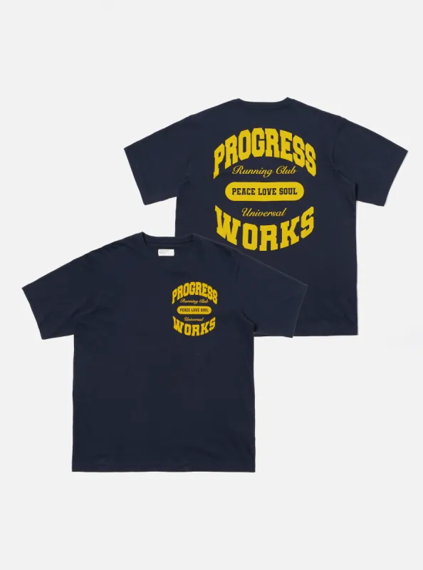 Universal Works x Progress Running Club Print Tee in Navy Single Jersey sold by Universal Works