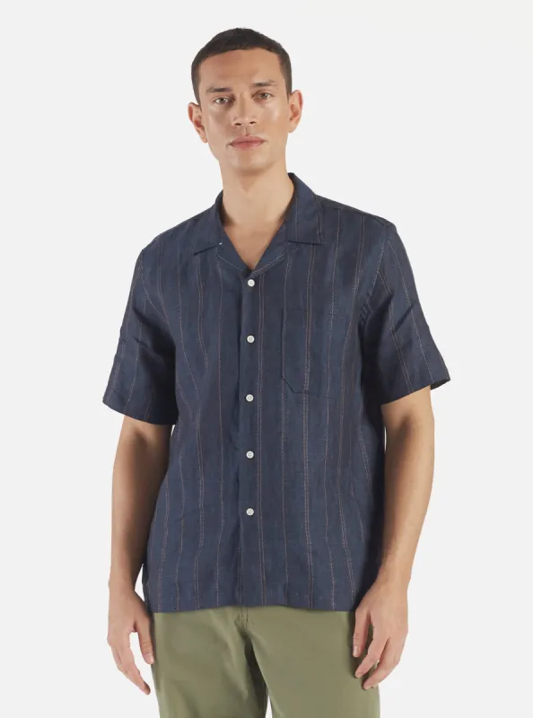 Universal Works Road Shirt in Navy Stripe Linen sold by Universal Works