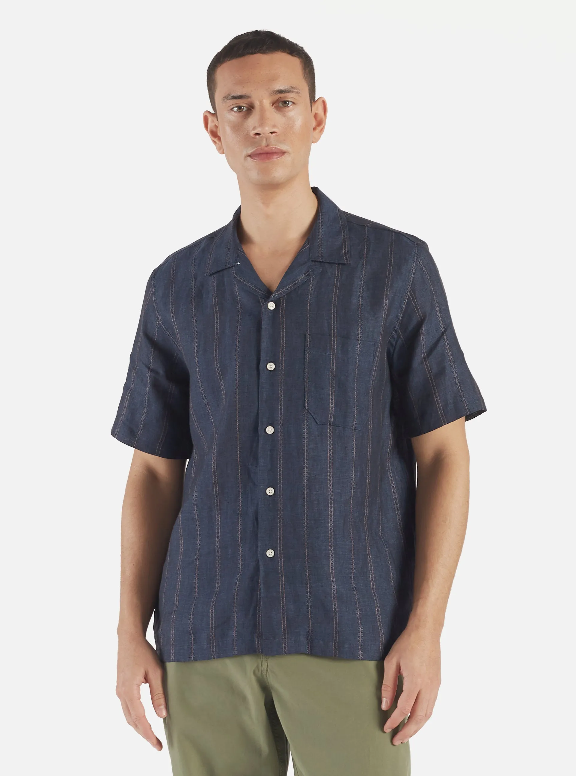Universal Works Road Shirt in Navy Stripe Linen sold by Universal Works