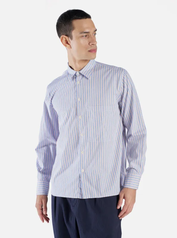 Universal Works Square Pocket Shirt in Blue/Orange Busy Stripe Cotton sold by Universal Works