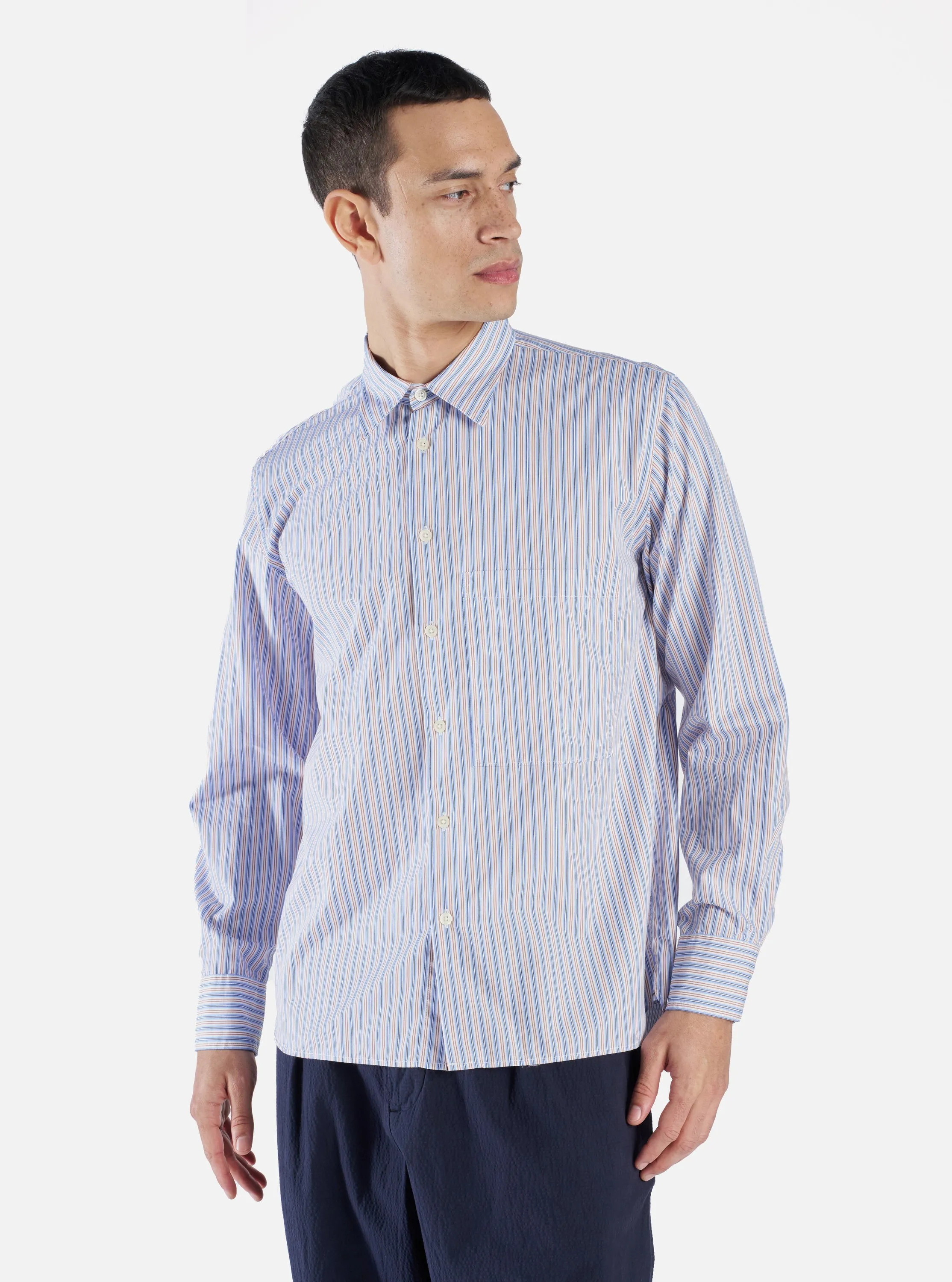 Universal Works Square Pocket Shirt in Blue/Orange Busy Stripe Cotton sold by Universal Works