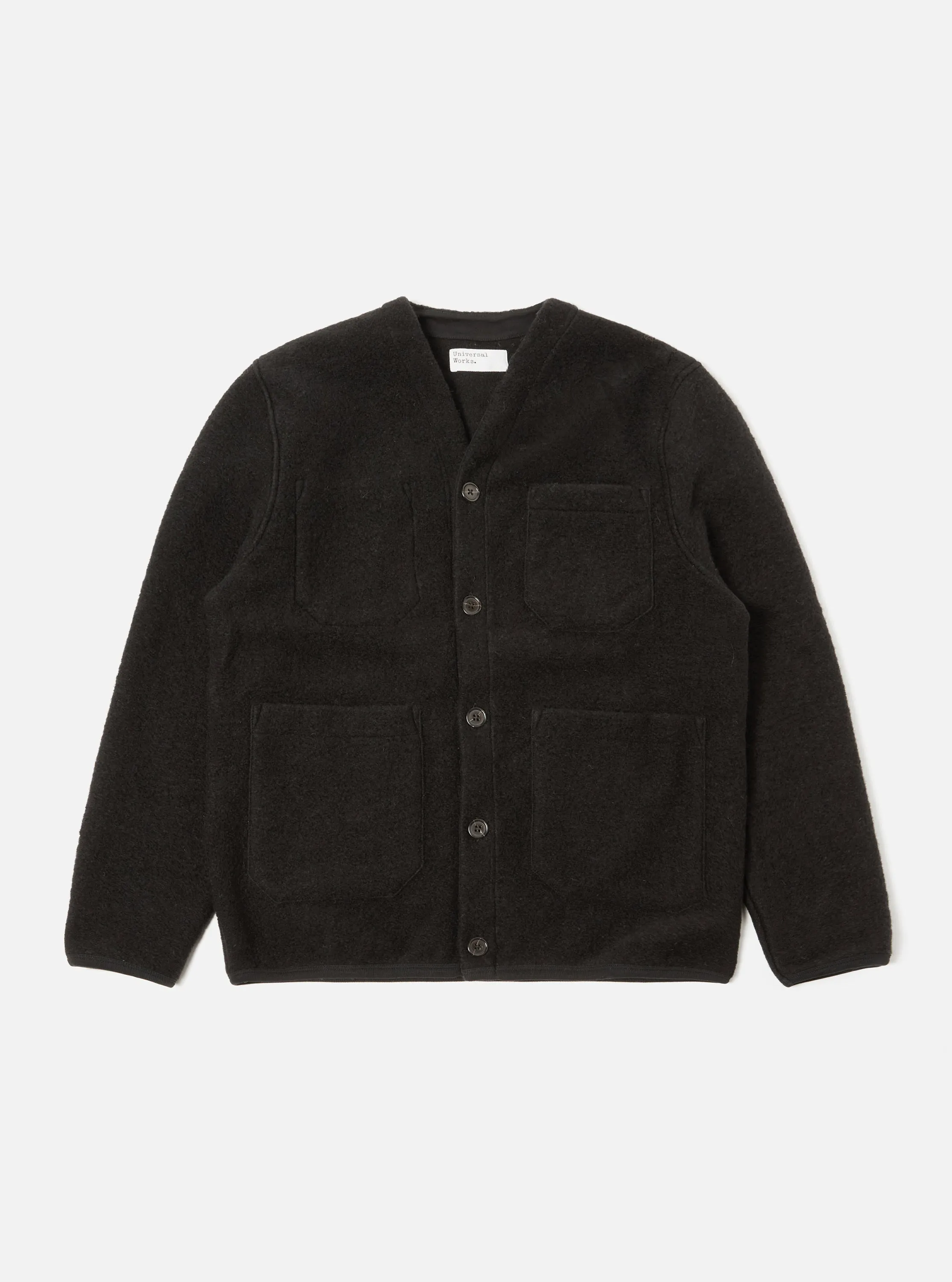 Universal Works Cardigan in Black Wool Fleece sold by Universal Works