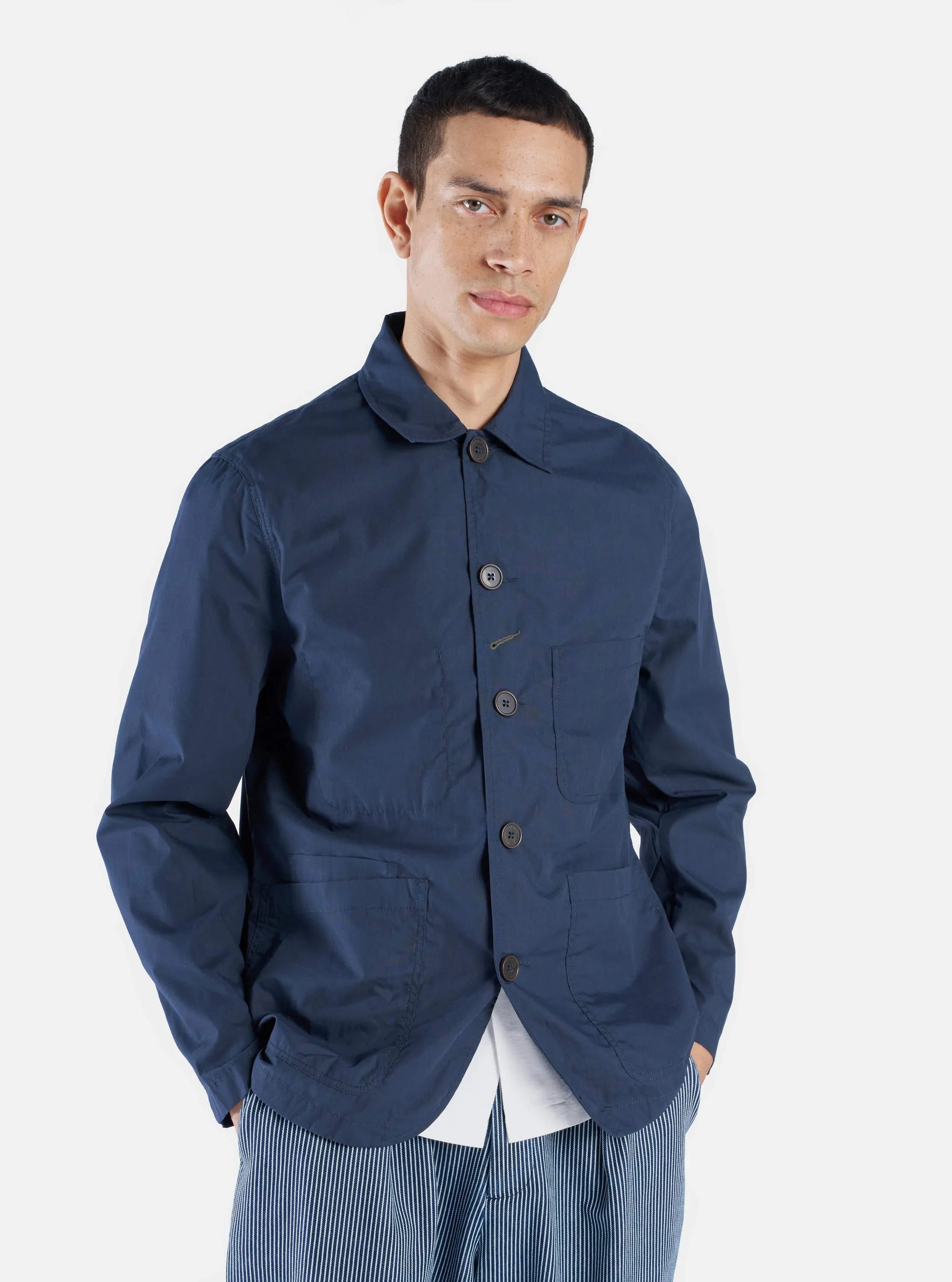Universal Works Bakers Jacket in Navy Recycled Poly Tech sold by Universal Works