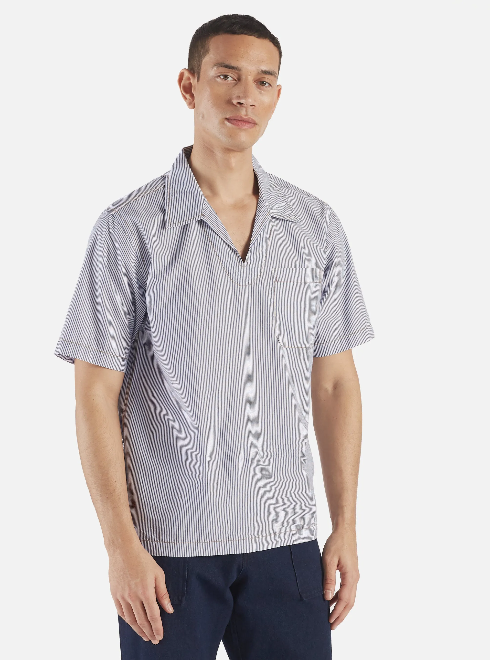 Universal Works Overhead Shirt in Navy/White Poplin Stripe sold by Universal Works