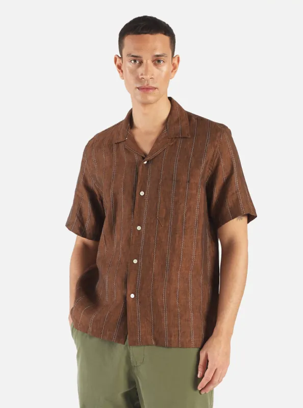 Universal Works Road Shirt in Brown Stripe Linen sold by Universal Works