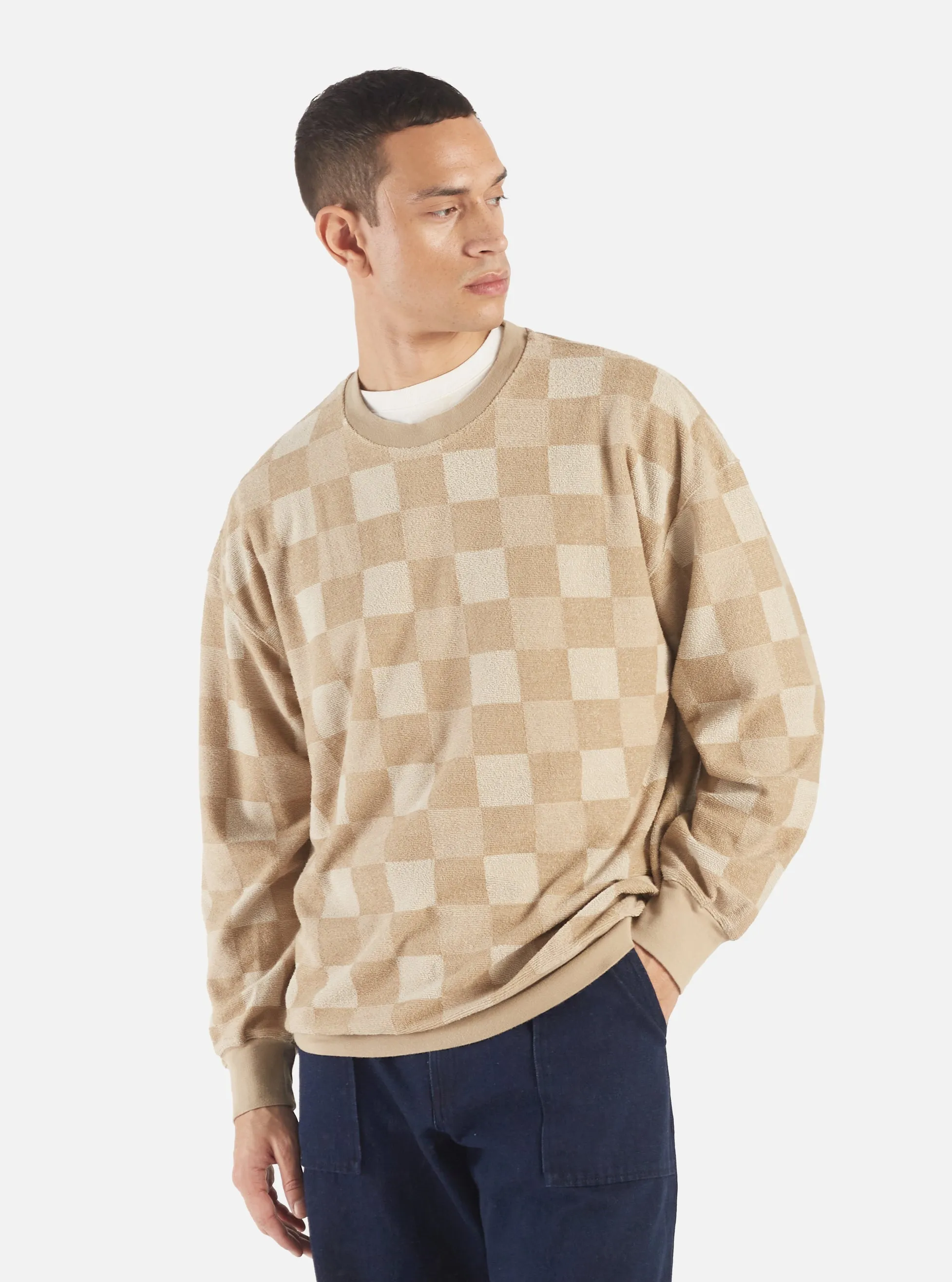 Universal Works Loose Sweatshirt in Sand Checkboard Towelling sold by Universal Works