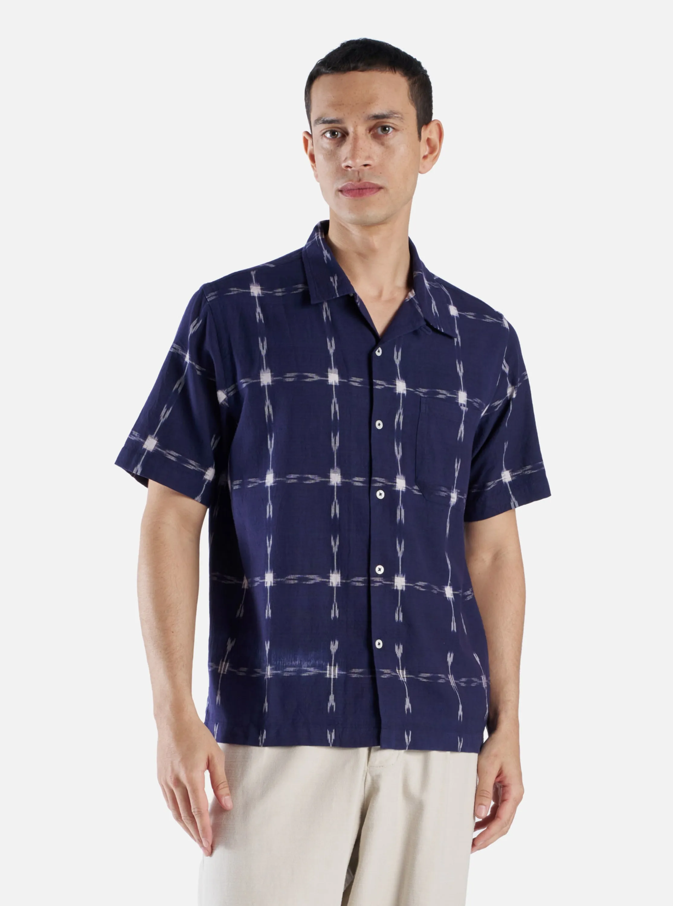 Universal Works Road Shirt in Indigo Indian Ikat sold by Universal Works