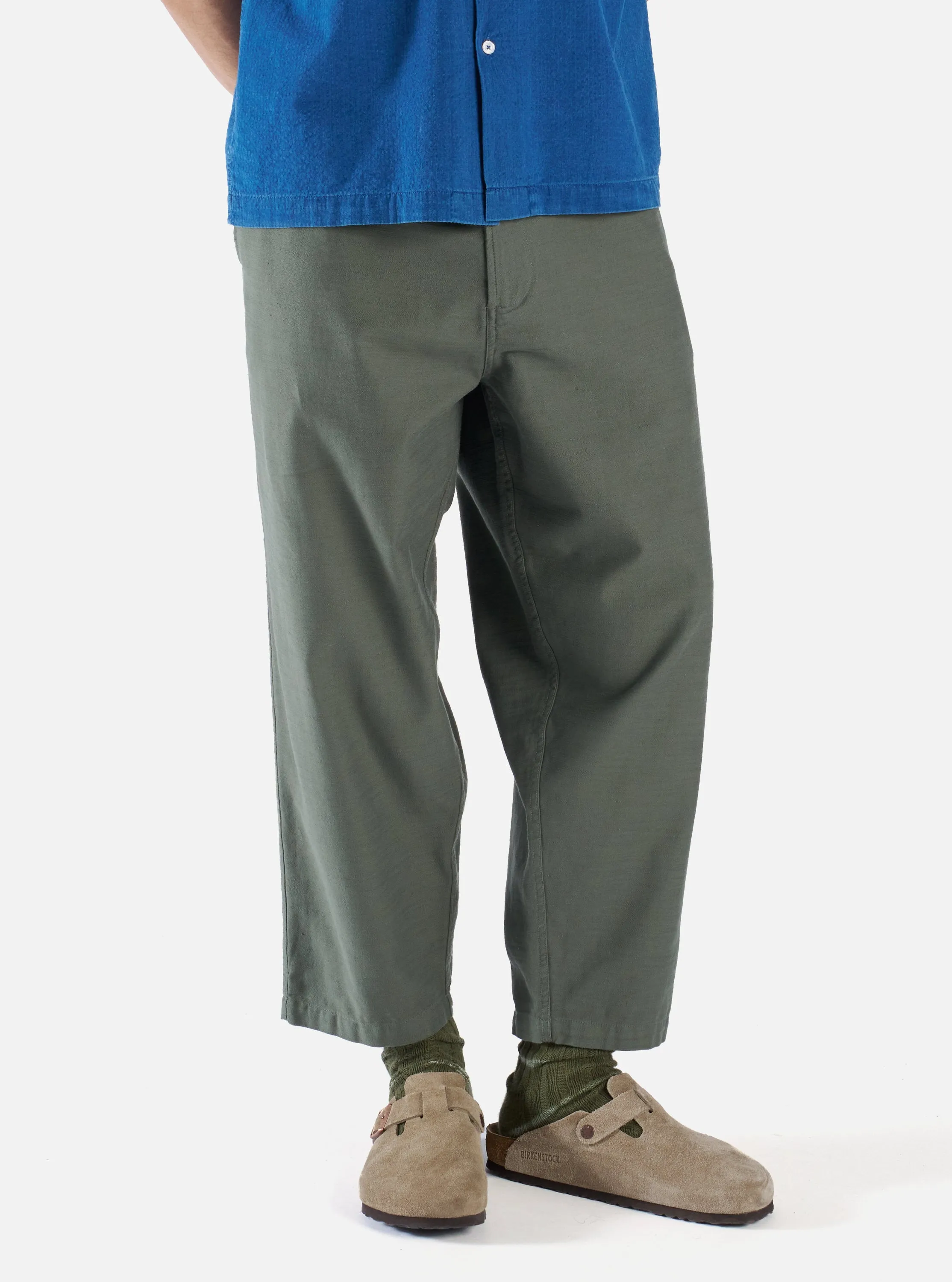 Universal Works Hi Water Trouser in Olive Slub Sateen sold by Universal Works
