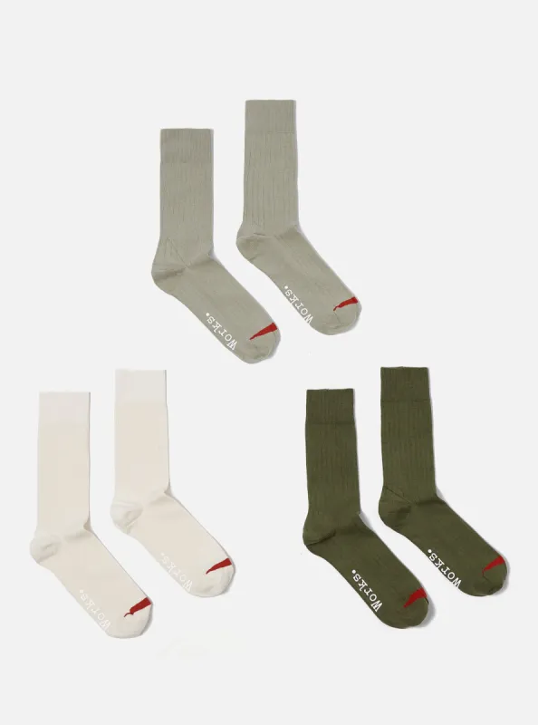 Universal Works 3 Pack Modal Sock in Ecru/Grey/Green Rib Knit made by Universal Works