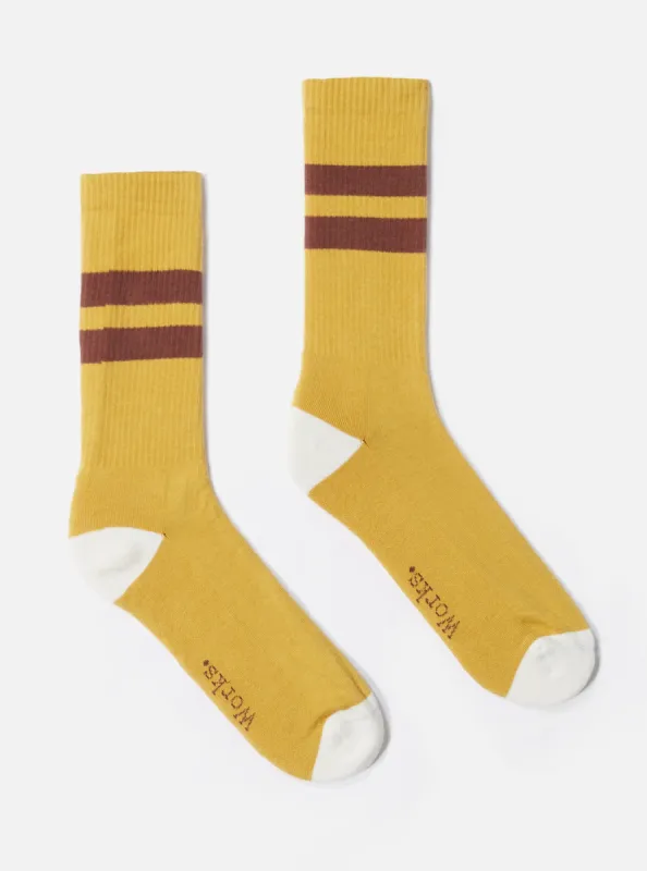 Universal Works Sport Sock in Yellow/Raisin Cotton Rib sold by Universal Works