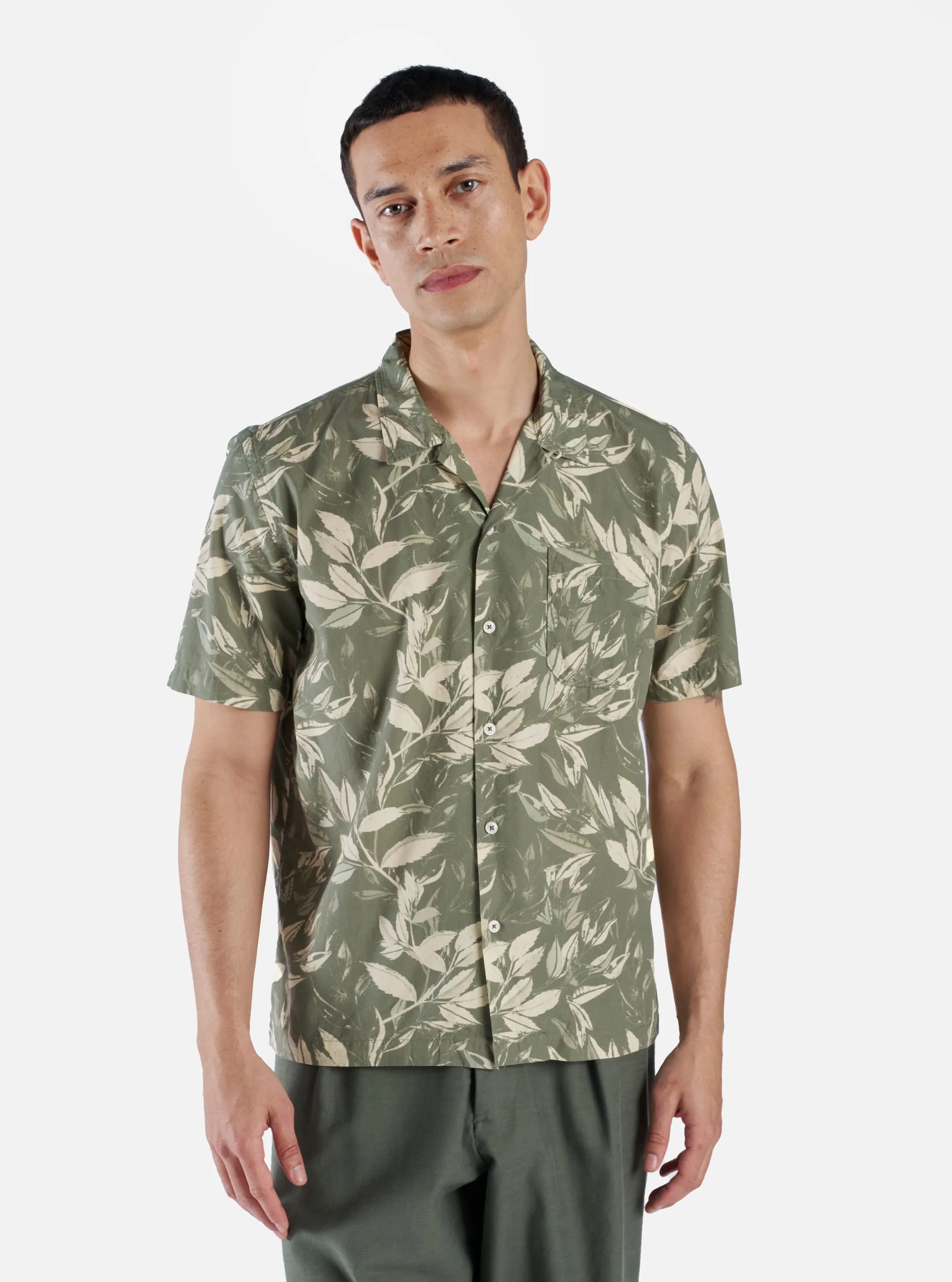 Universal Works Road Shirt in Olive Organic Jungle Print sold by Universal Works