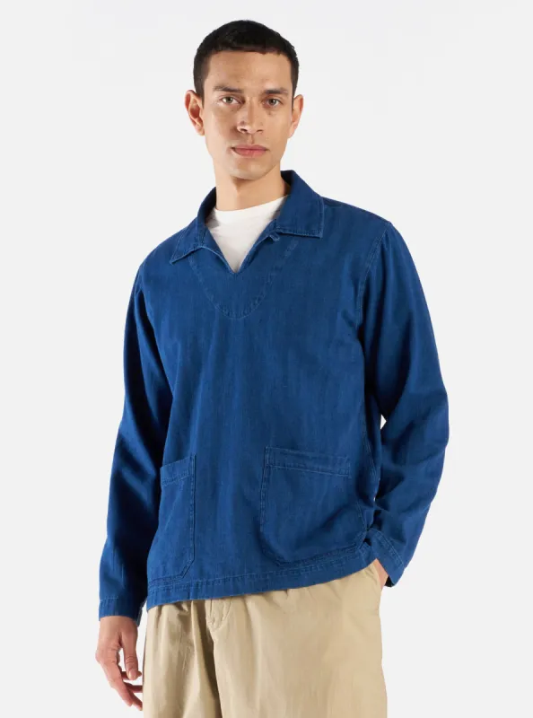 Universal Works Smock Overshirt in Washed Indigo Herringbone Denim sold by Universal Works