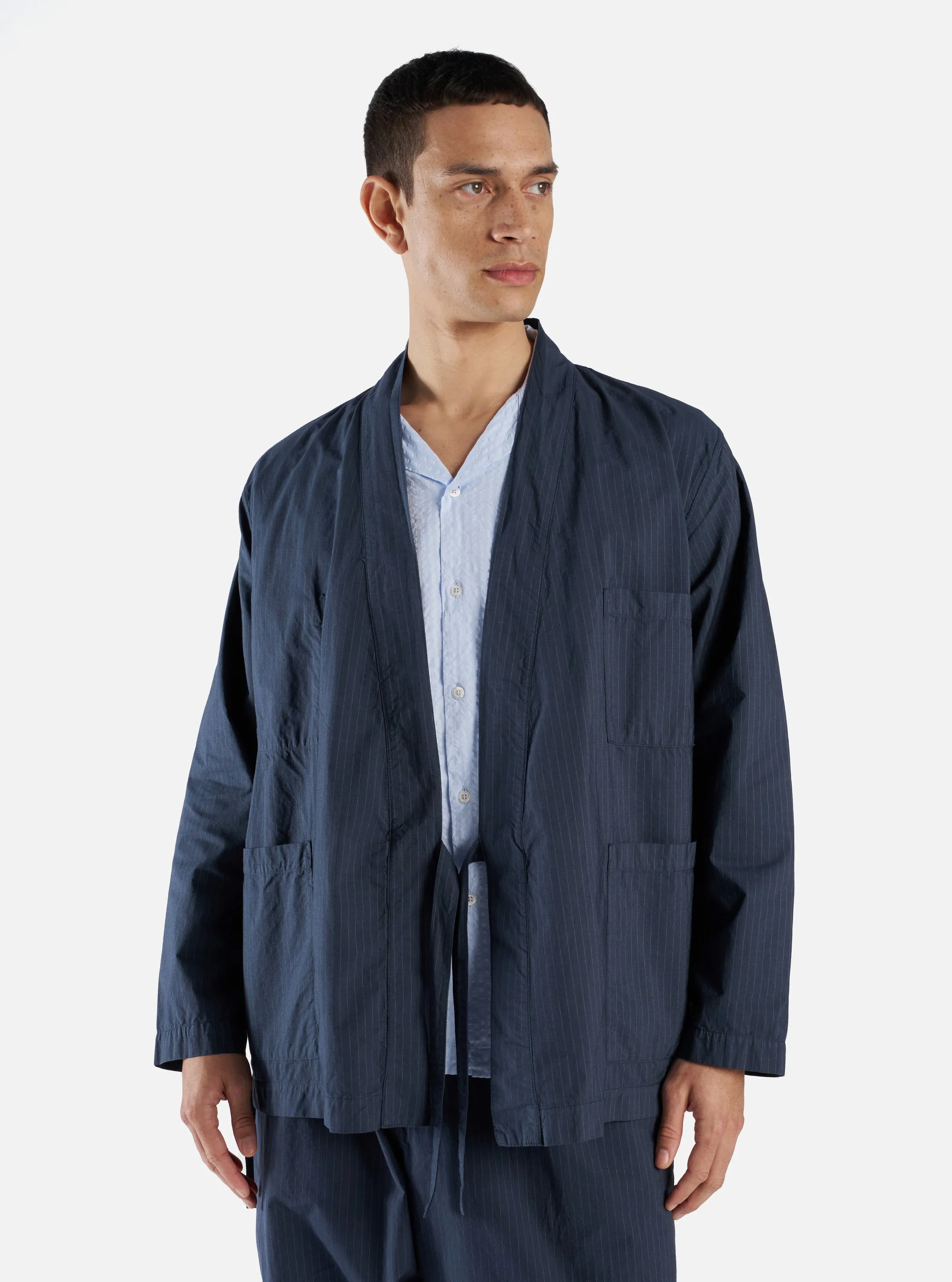 Universal Works. コート Universal Works Kyoto Work Jacket in Navy Nearly Pinstripe