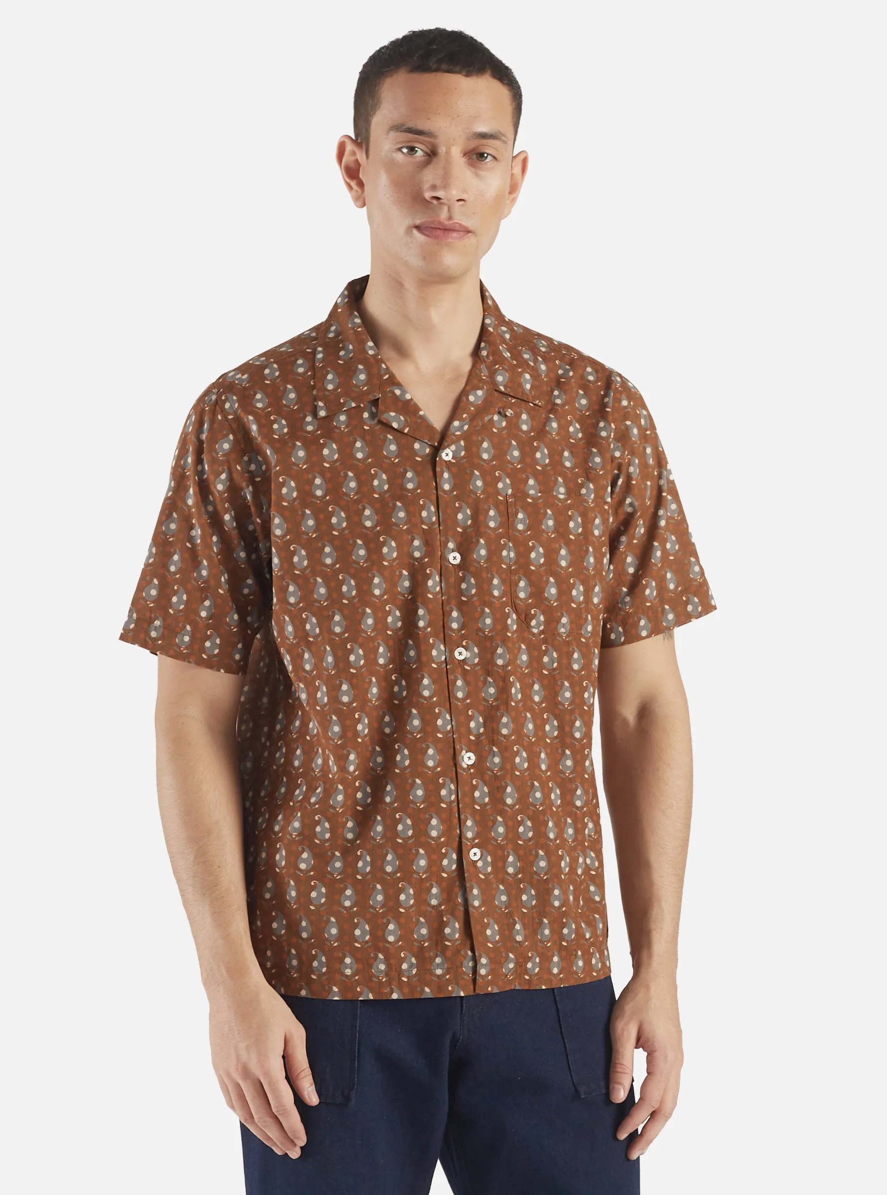 Universal Works Road Shirt in Brown Paisley Block Print sold by Universal Works