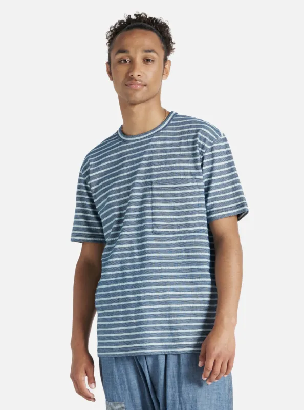 Universal Works Relaxed Tee in Indigo Textured Knit Stripe sold by Universal Works
