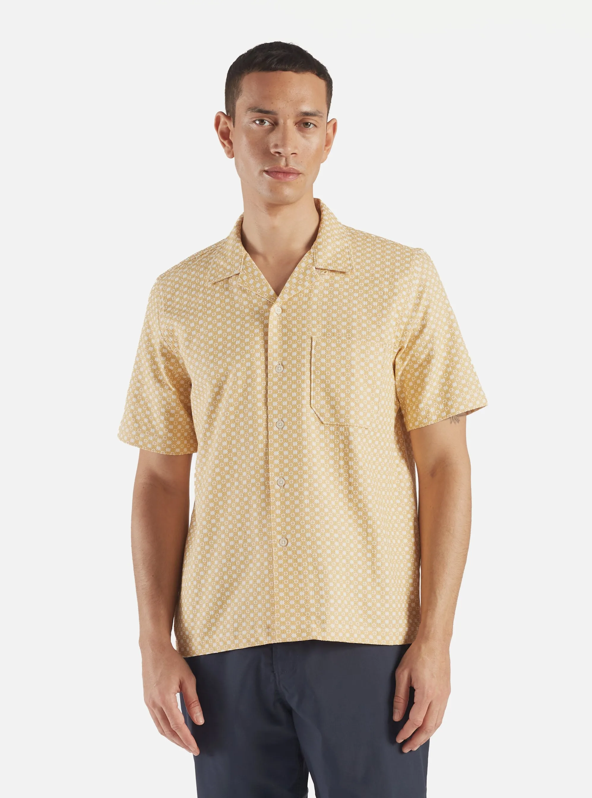 Universal Works Road Shirt in Yellow Tile 3 Cotton sold by Universal Works