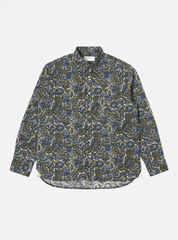 Universal Works Lazy Day Shirt in Navy Artist Print Cotton sold by Universal Works