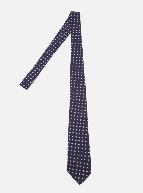 Navy Dot Print Tie sold by Universal Works