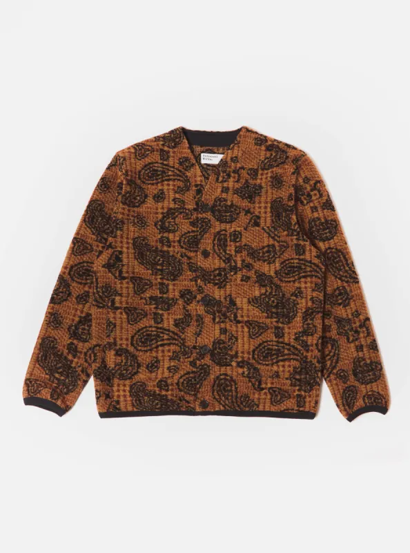 Universal Works Cardigan in Cinnamon Paisley Check Fleece sold by Universal Works