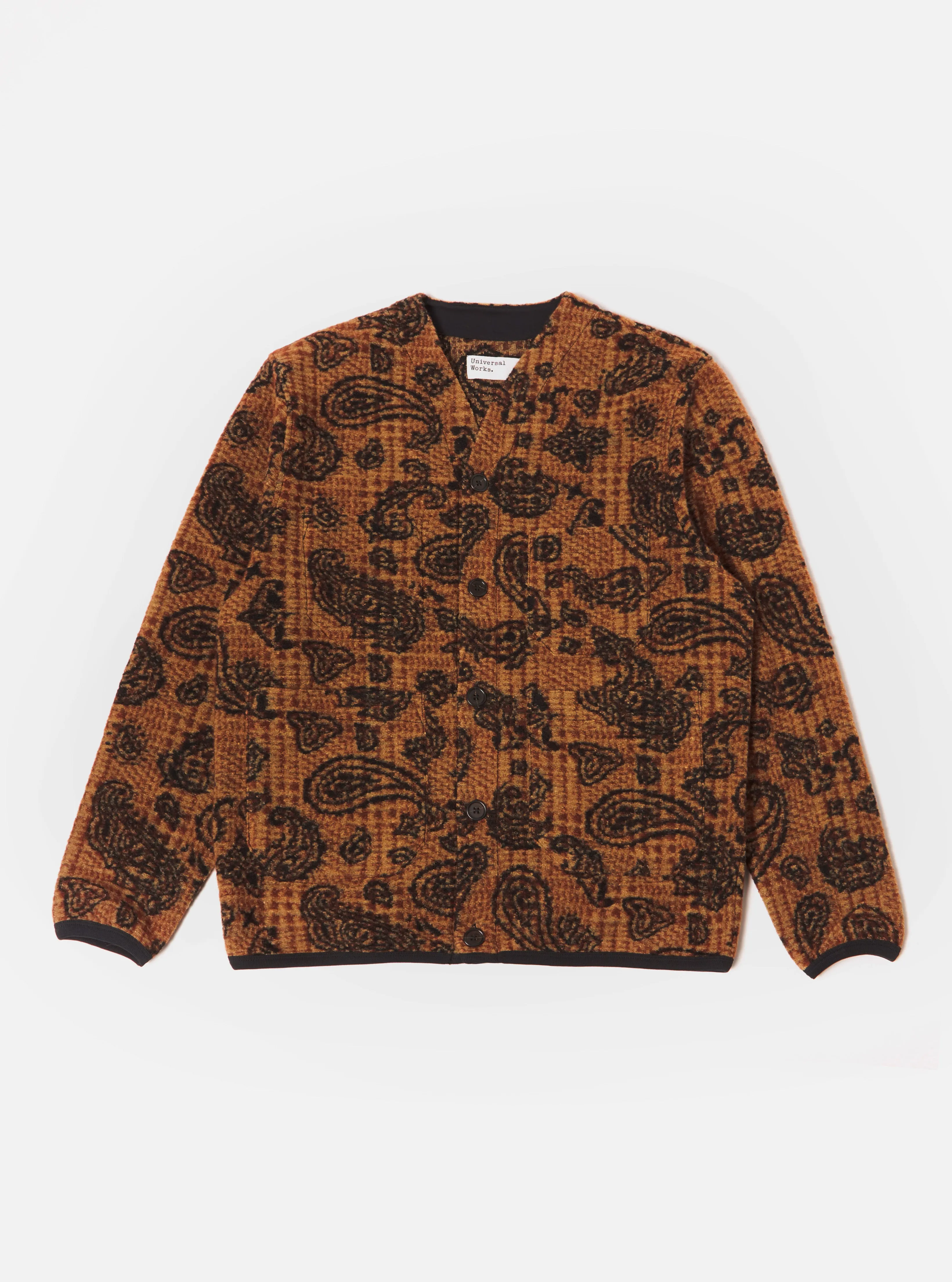 Universal Works Cardigan in Cinnamon Paisley Check Fleece sold by Universal Works