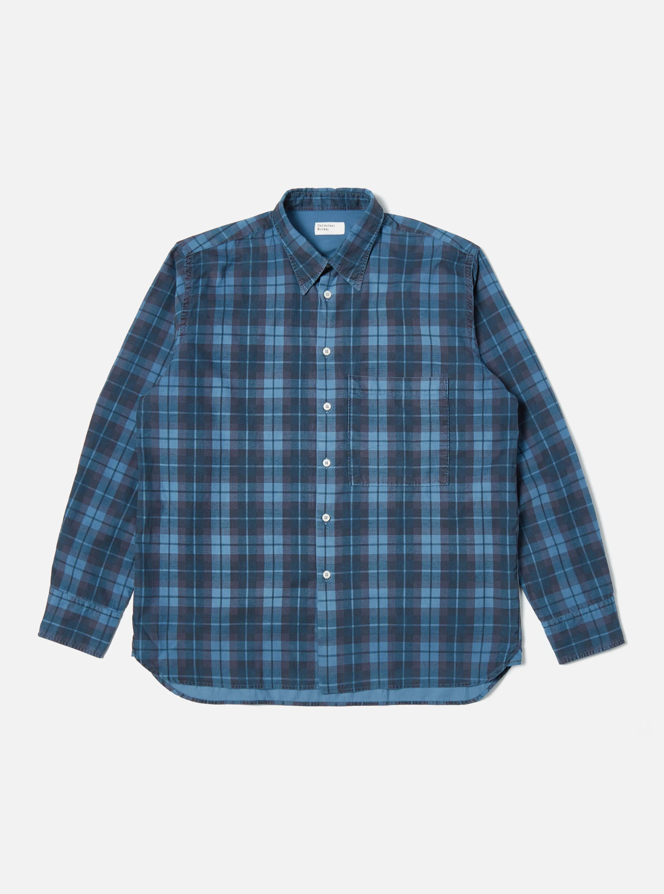 Universal Works Square Pocket Shirt in Blue Check Cord sold by Universal Works
