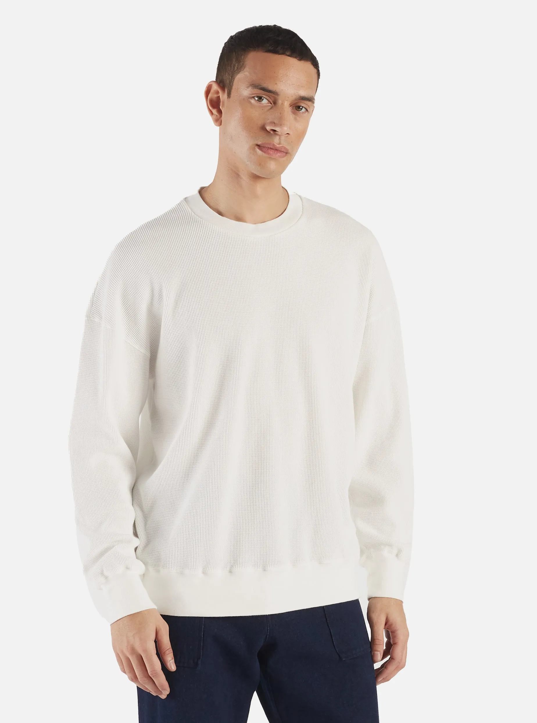 Universal Works Loose Sweatshirt in Off White Organic Cotton/Hemp Waffle sold by Universal Works