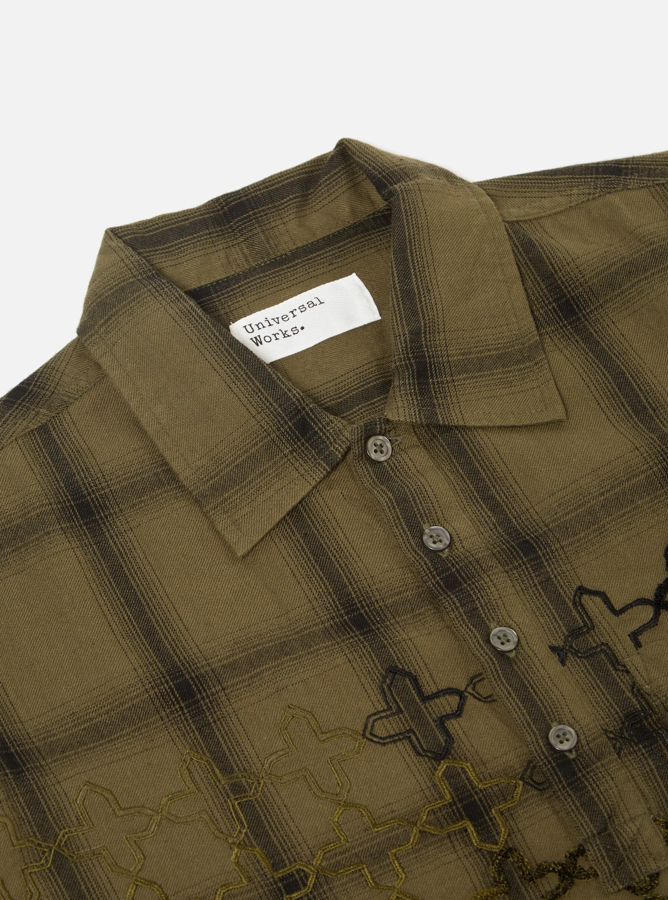 Universal Works L/S Pullover Shirt in Olive Embroidered Shadow Check sold by Universal Works product image thumbnail 3