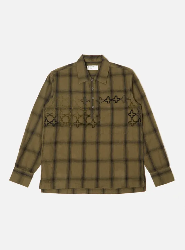 Universal Works L/S Pullover Shirt in Olive Embroidered Shadow Check sold by Universal Works