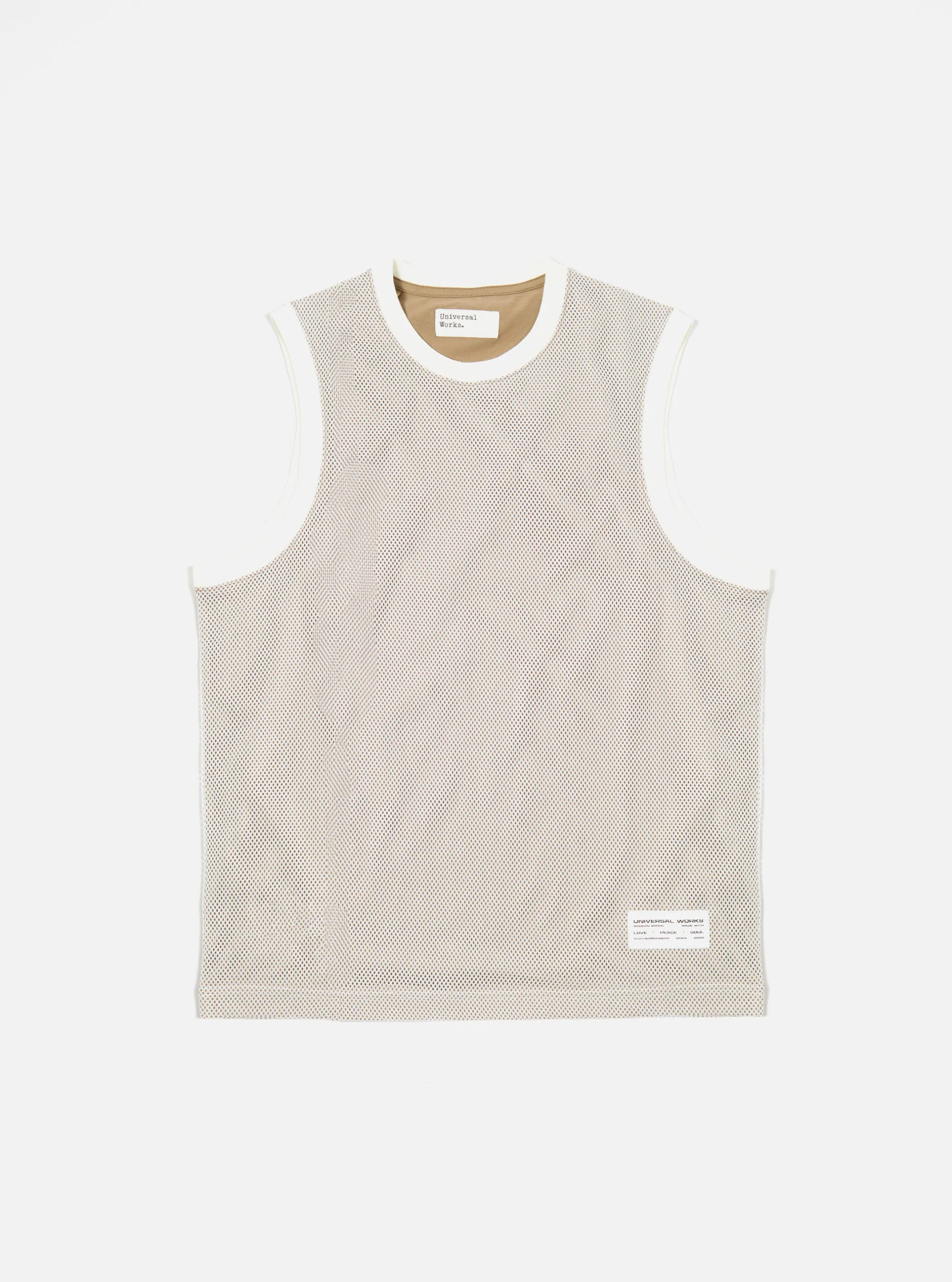 Universal Works Basketball Vest in White/Sand Mesh/Single Jersey sold by Universal Works