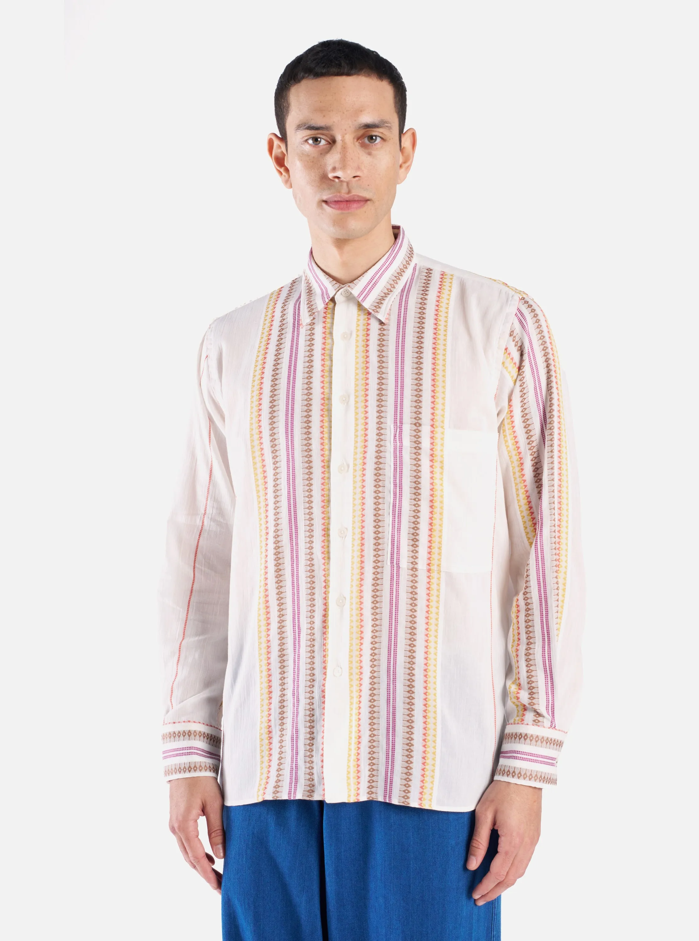 Universal Works Square Pocket Shirt in Ecru Mala Stripe sold by Universal Works