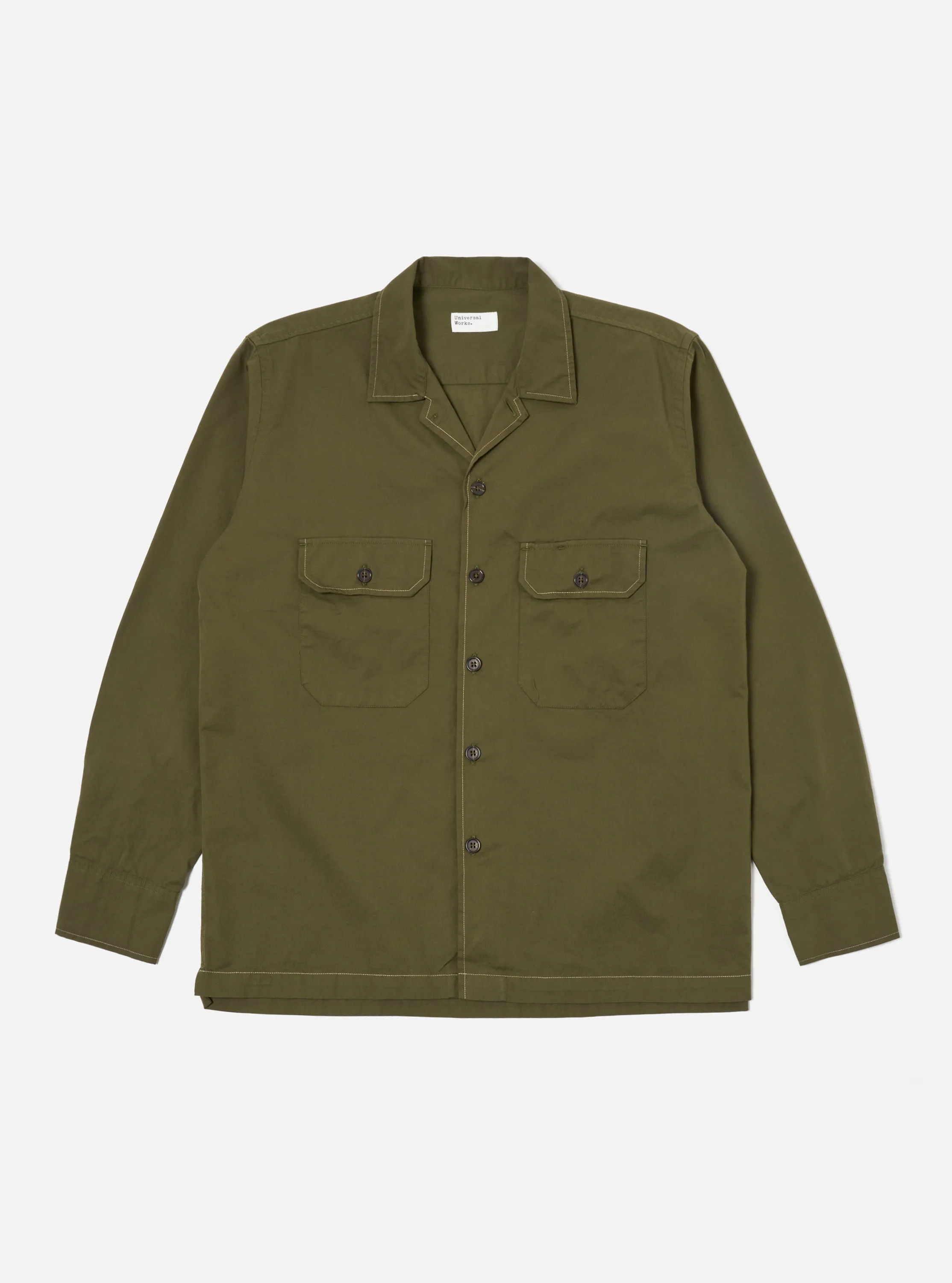 Universal Works L/S Utility Shirt in Olive Military Shirting sold by Universal Works