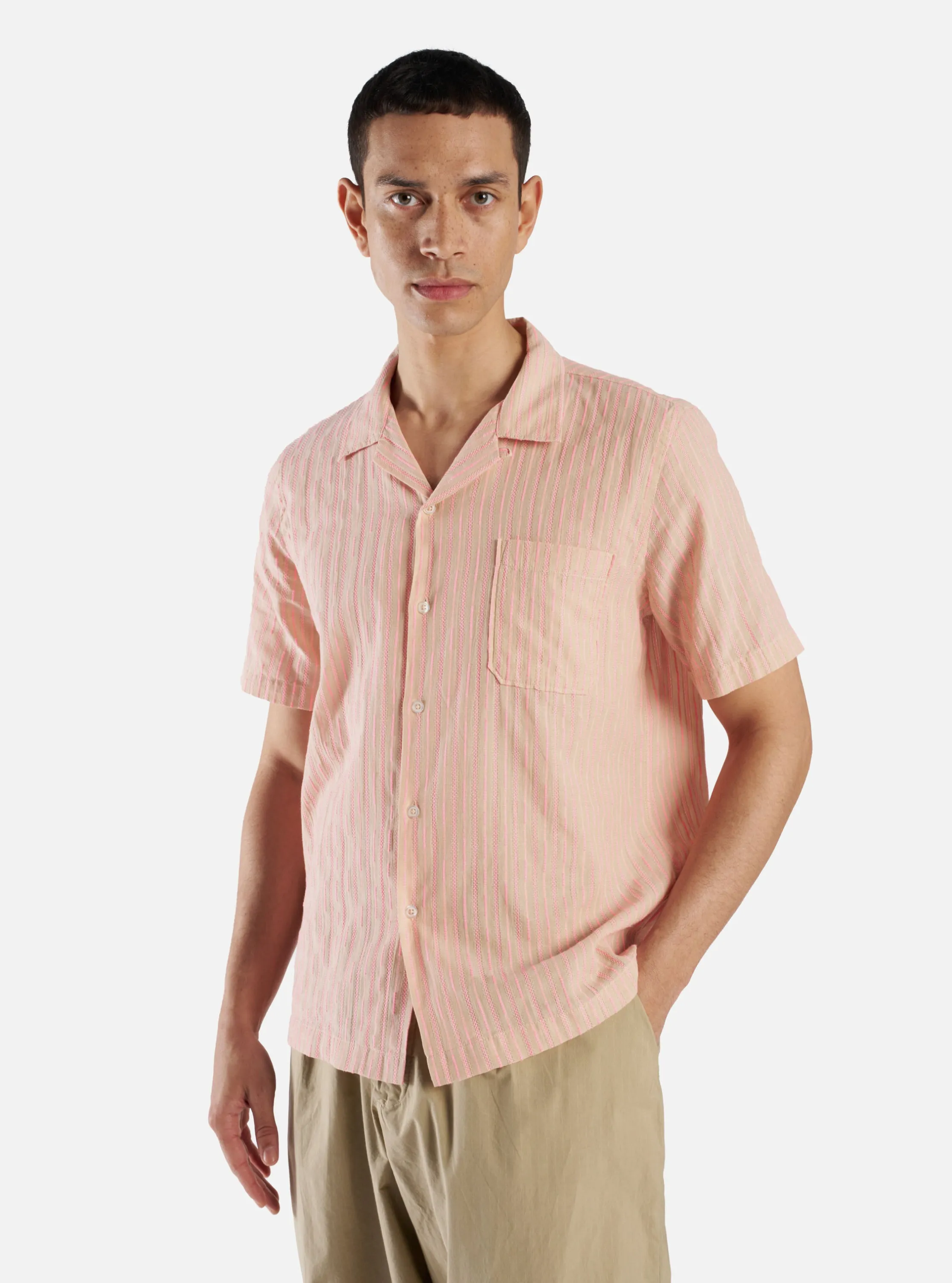 Universal Works Road Shirt in Beige/Pink Fluro Cotton sold by Universal Works