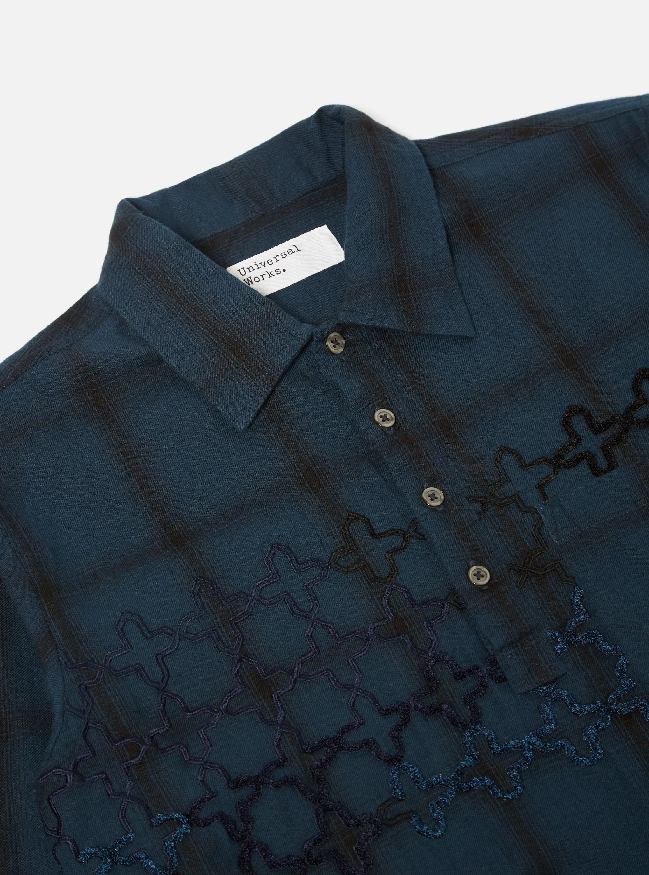 Universal Works L/S Pullover Shirt in Navy Embroidered Shadow Check sold by Universal Works product image thumbnail 3