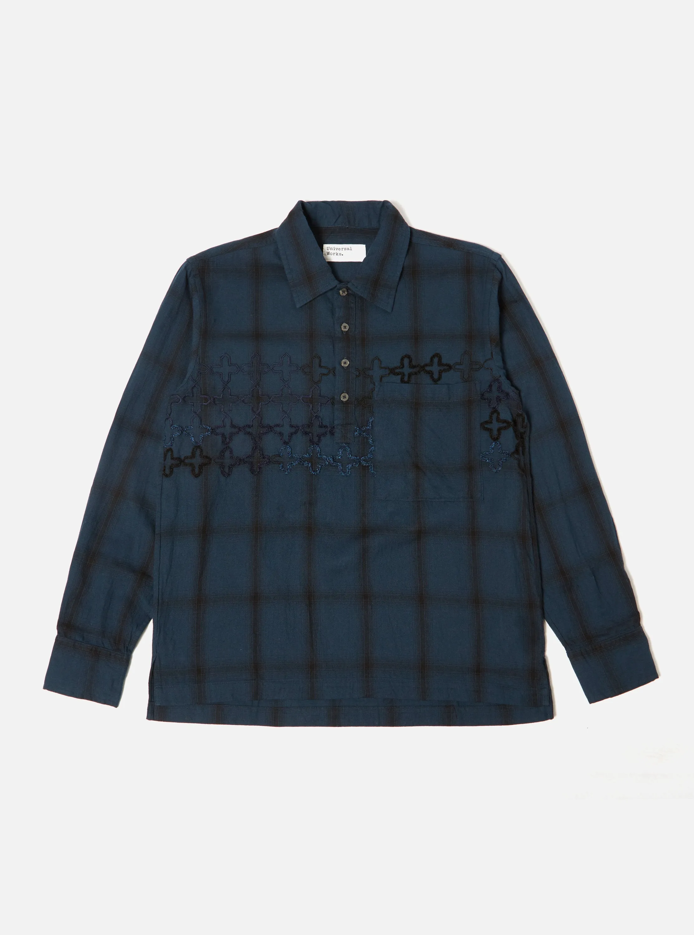 Universal Works L/S Pullover Shirt in Navy Embroidered Shadow Check sold by Universal Works