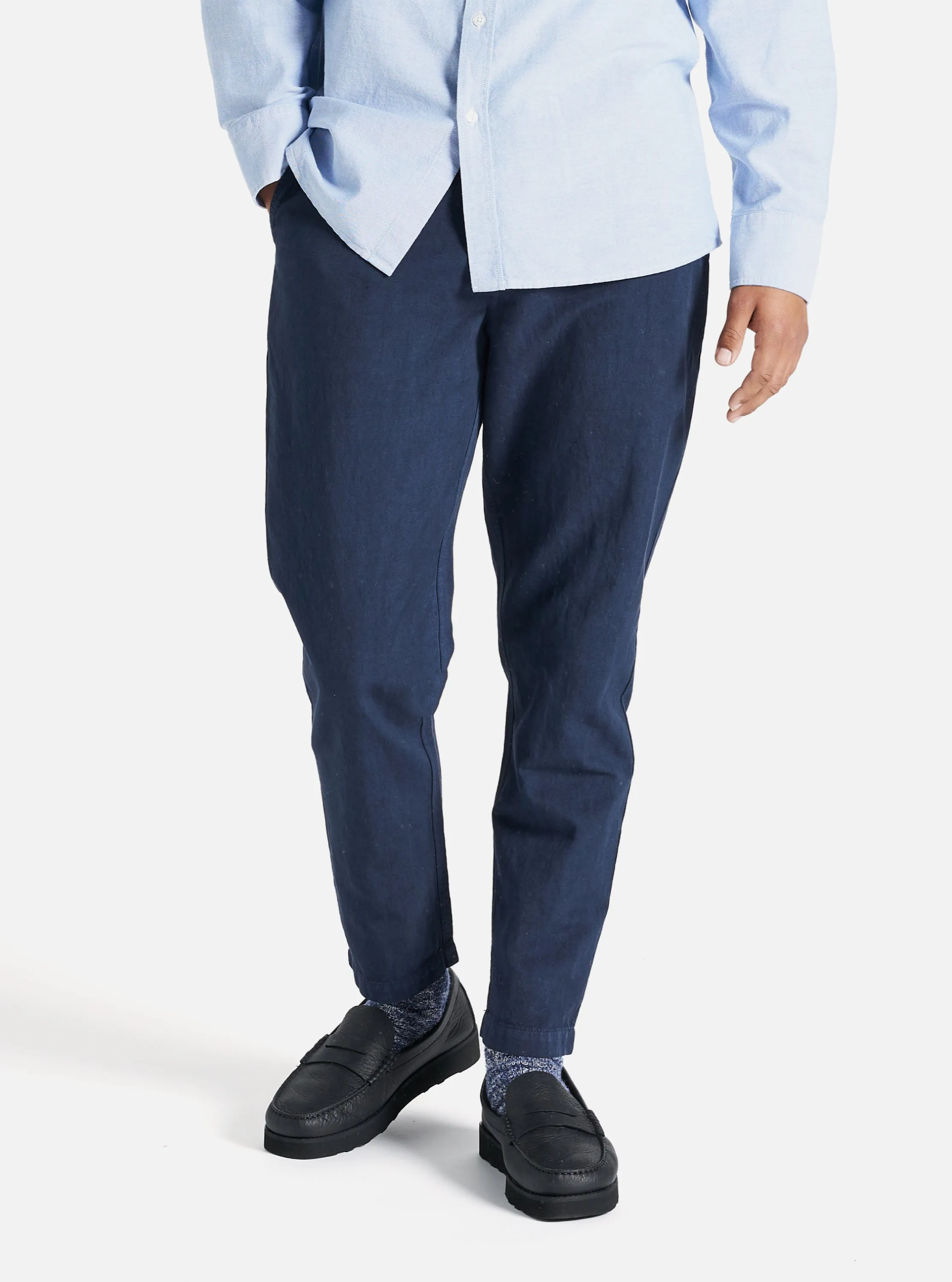 Universal Works Military Chino in Navy Linen Slub Weave sold by Universal Works