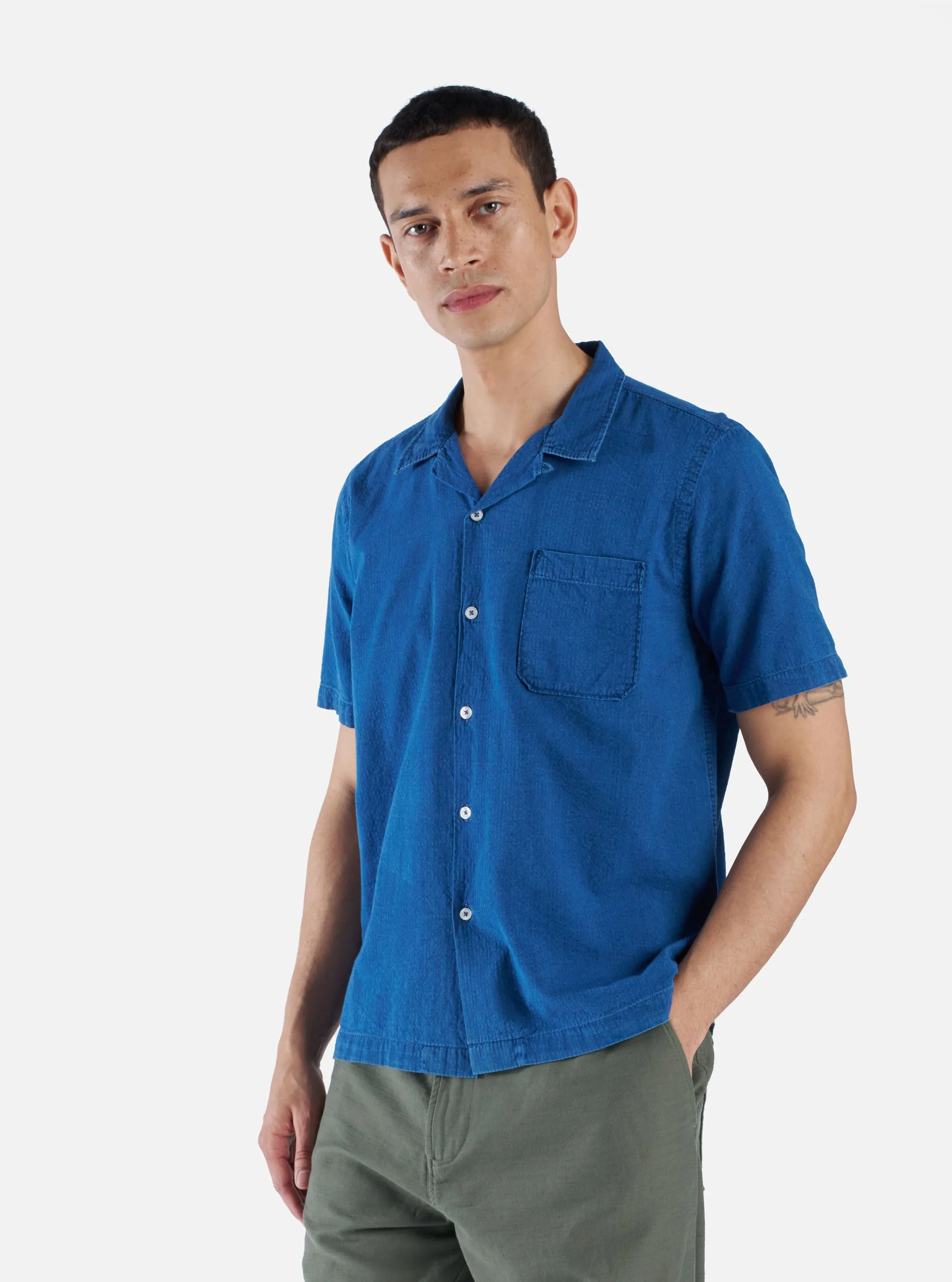 Universal Works Road Shirt in Washed Indigo Seersucker sold by Universal Works
