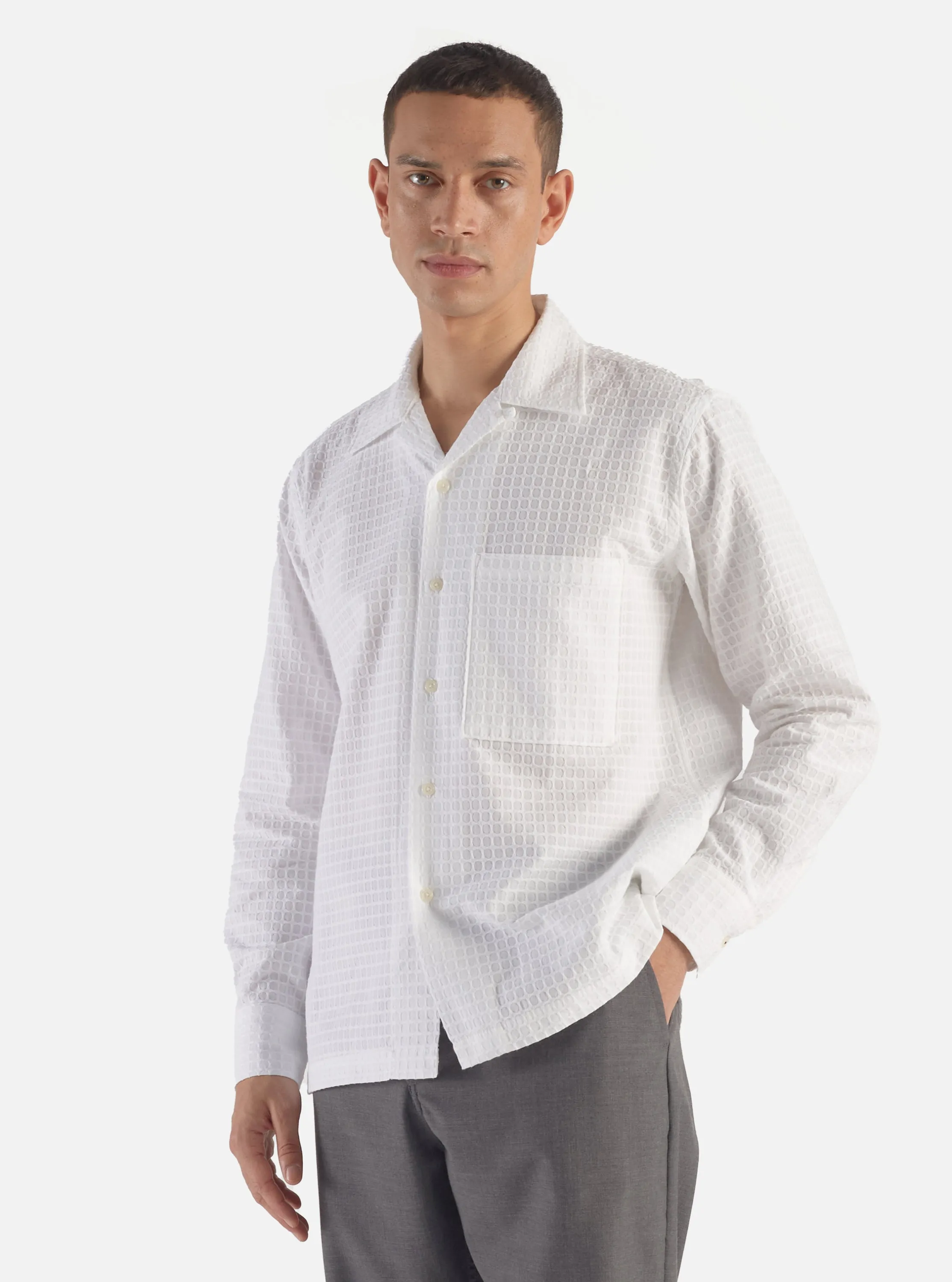 Universal Works L/S Camp Shirt II in White Delos Cotton sold by Universal Works
