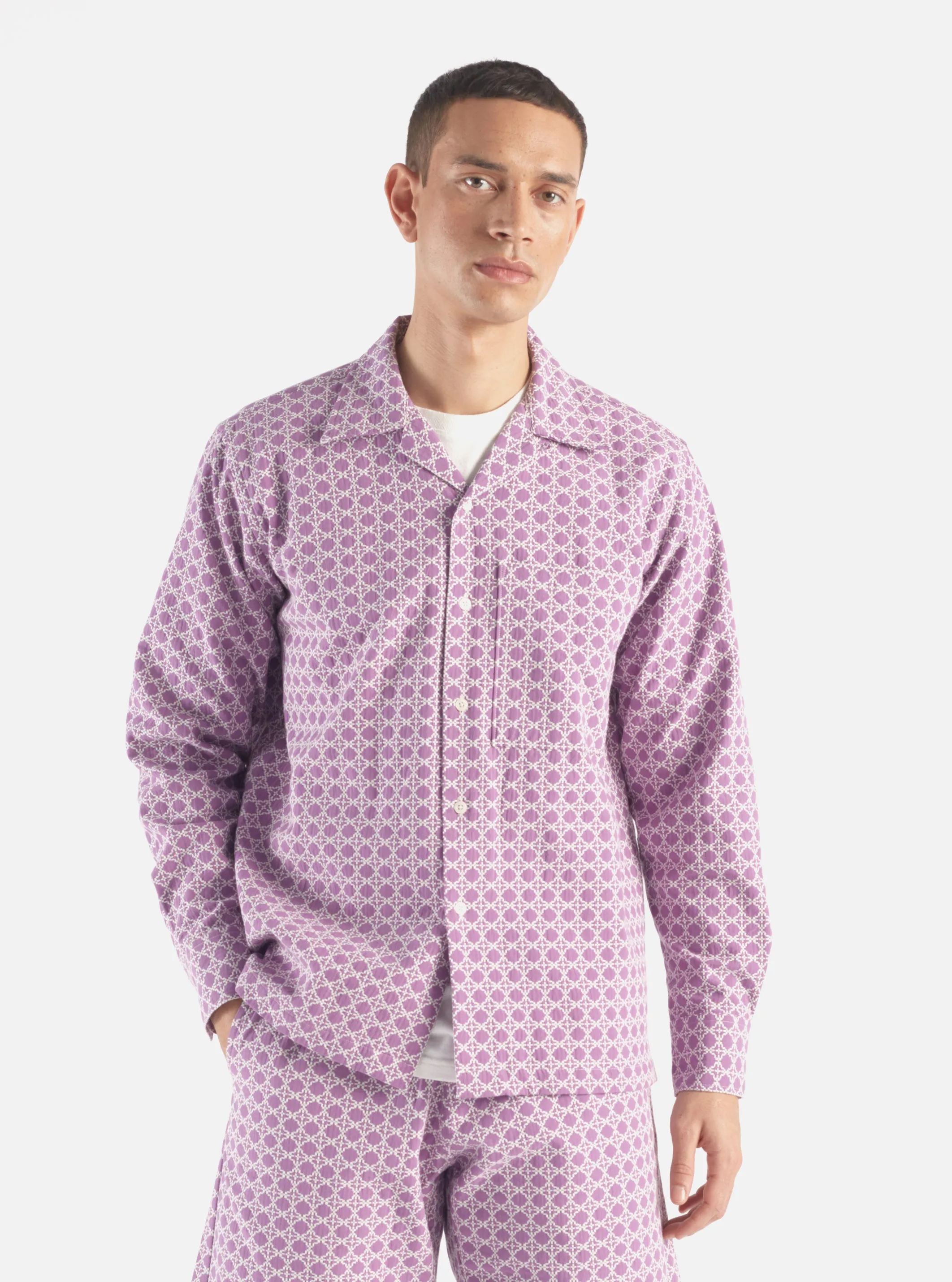 Universal Works L/S Camp Shirt II in Lilac Tile 2 Cotton sold by Universal Works