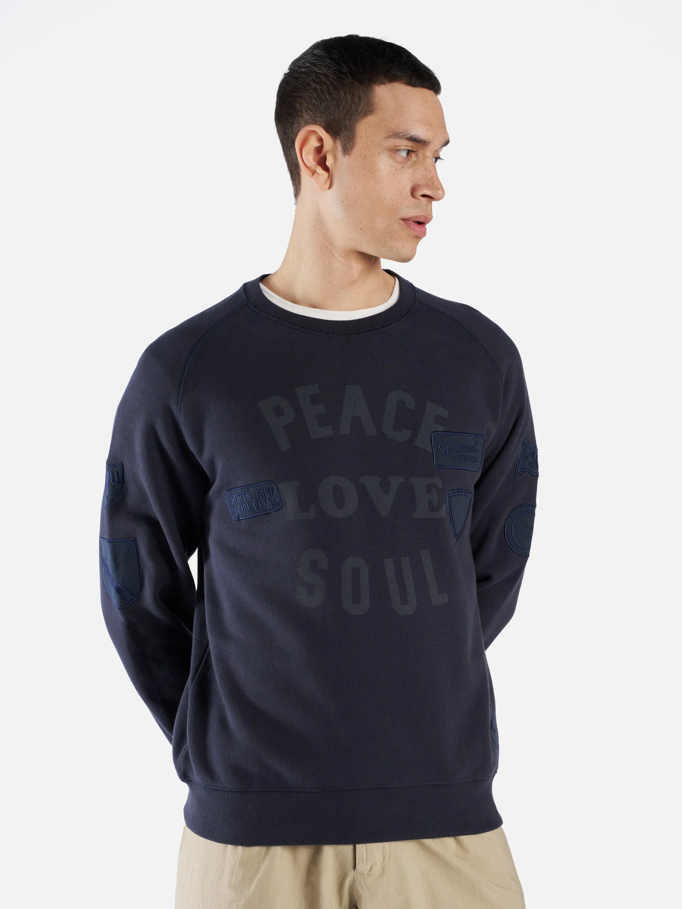 Universal Works 'Peace, Love & Soul' Sweatshirt in Navy Brush Back Sweat sold by Universal Works