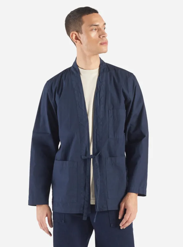 Universal Works Tie Front Jacket in Navy Organic Fine Poplin made by Universal Works