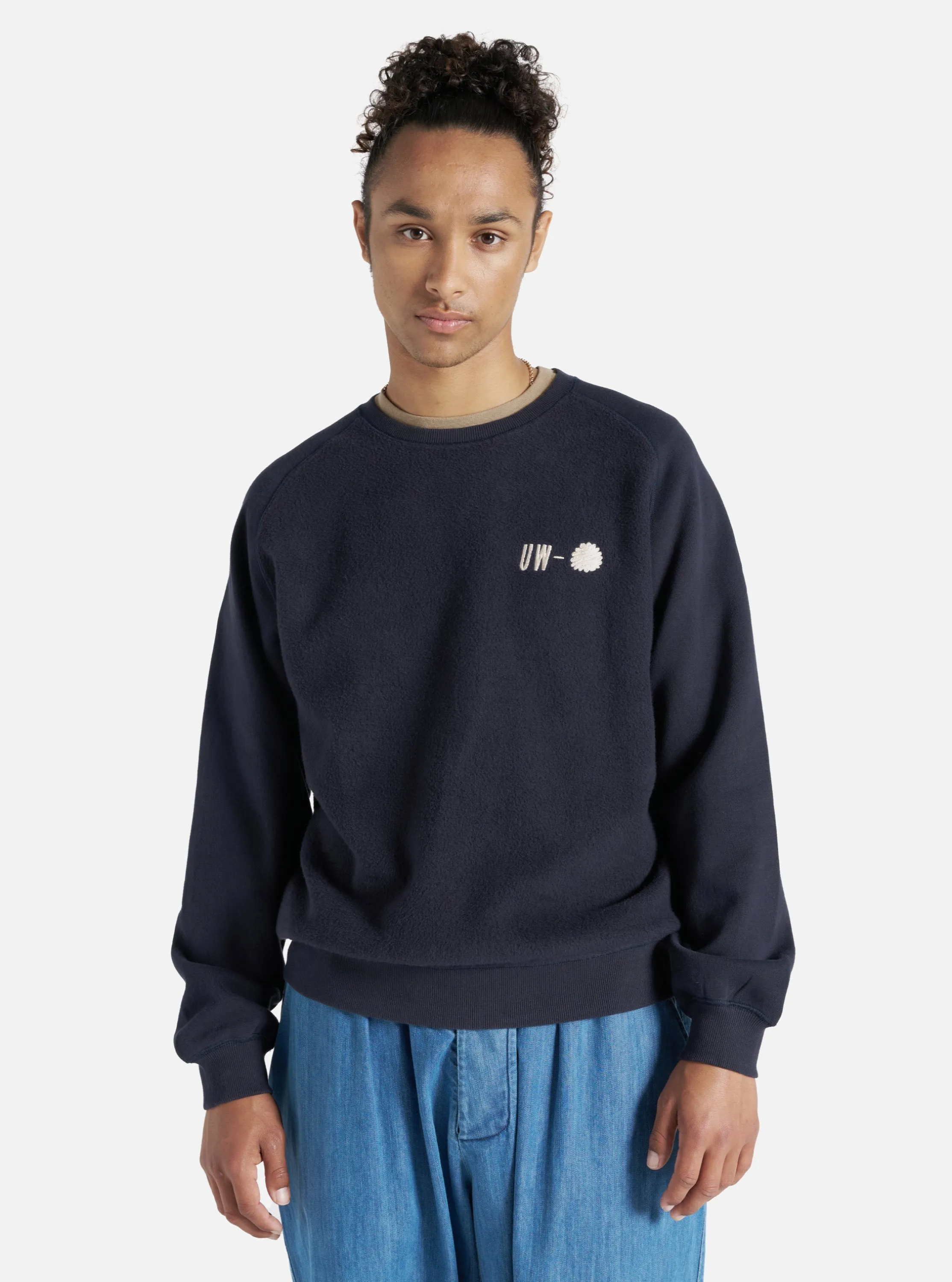Universal Works Crew Sweat in Navy 'Hotel Deluxe' Embroidered Brush Back sold by Universal Works