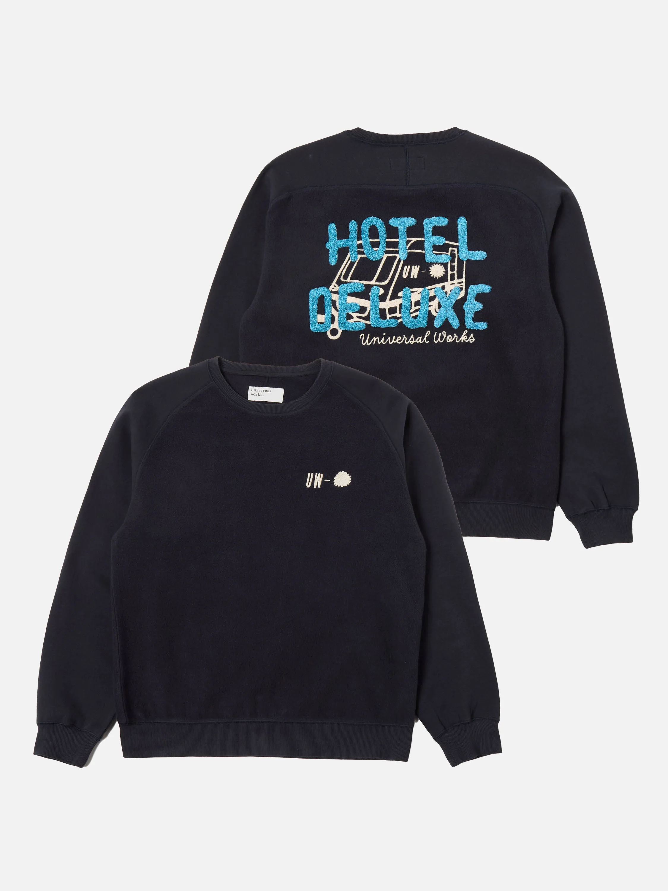 Universal Works Crew Sweat in Navy 'Hotel Deluxe' Embroidered Brush Back sold by Universal Works product image thumbnail 2