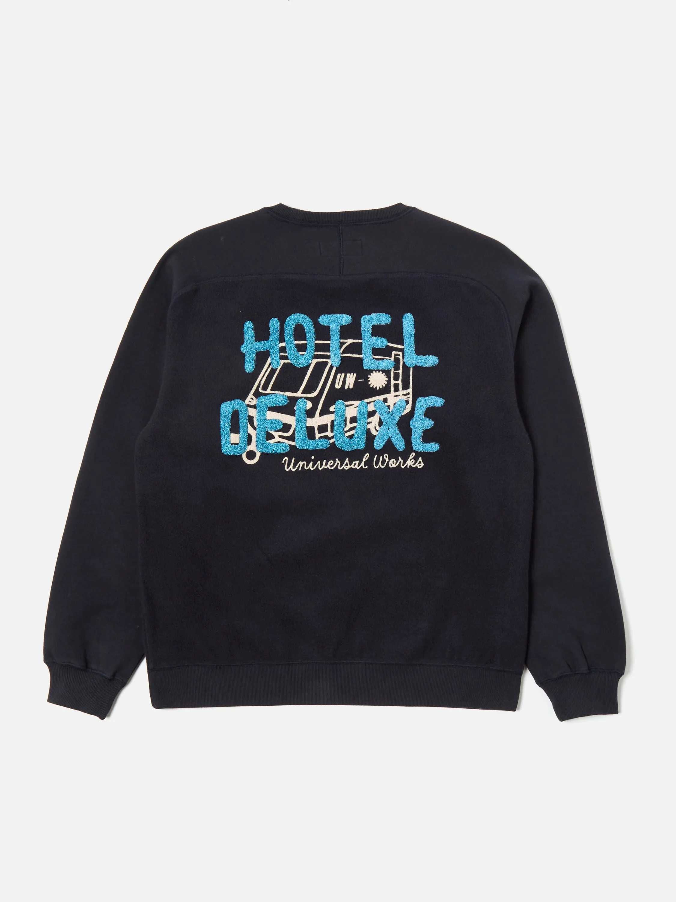 Universal Works Crew Sweat in Navy 'Hotel Deluxe' Embroidered Brush Back sold by Universal Works product image thumbnail 5