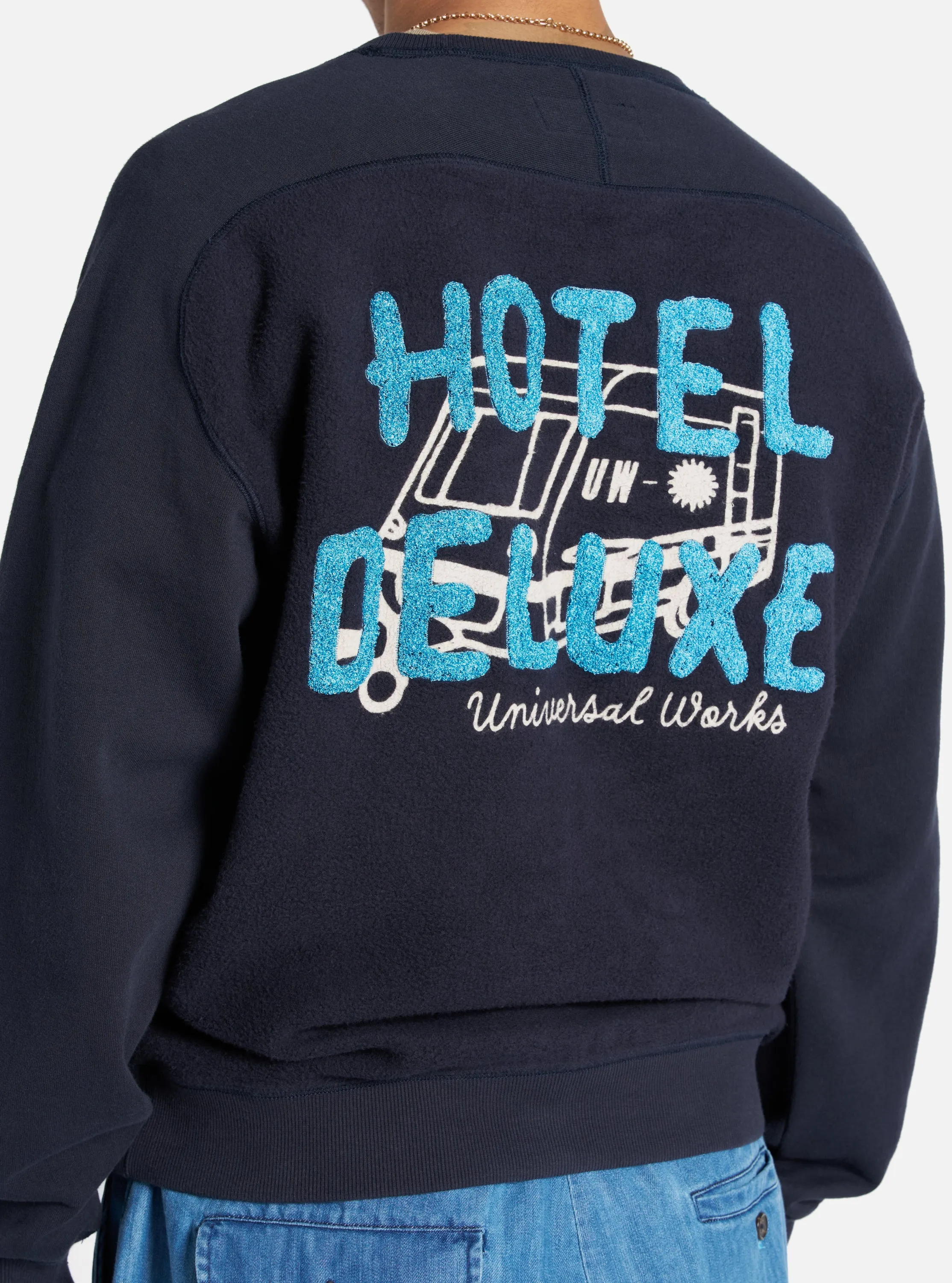 Universal Works Crew Sweat in Navy 'Hotel Deluxe' Embroidered Brush Back sold by Universal Works product image thumbnail 3
