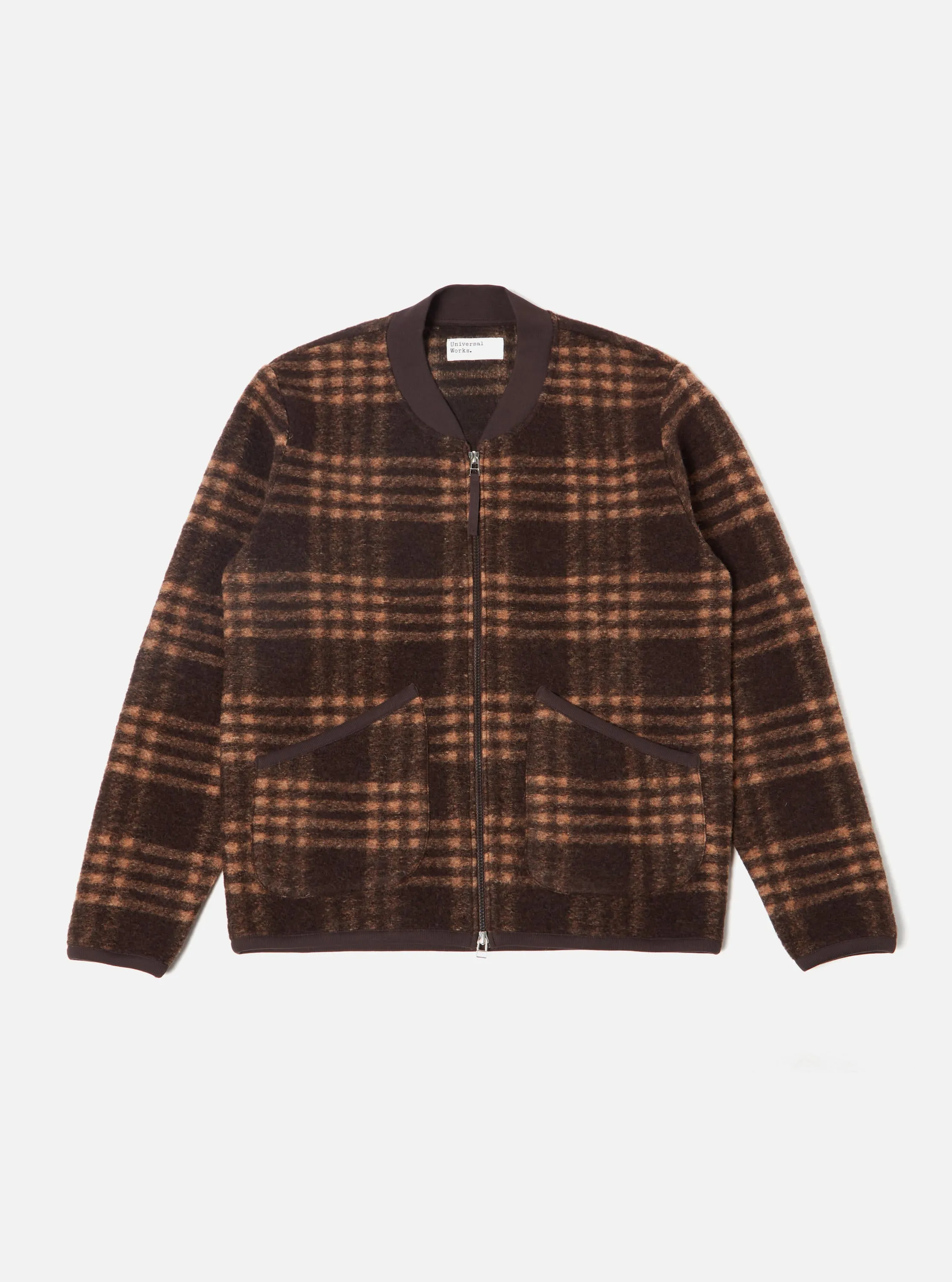 Universal Works Zip Bomber in Brown Check Duke Fleece sold by Universal Works