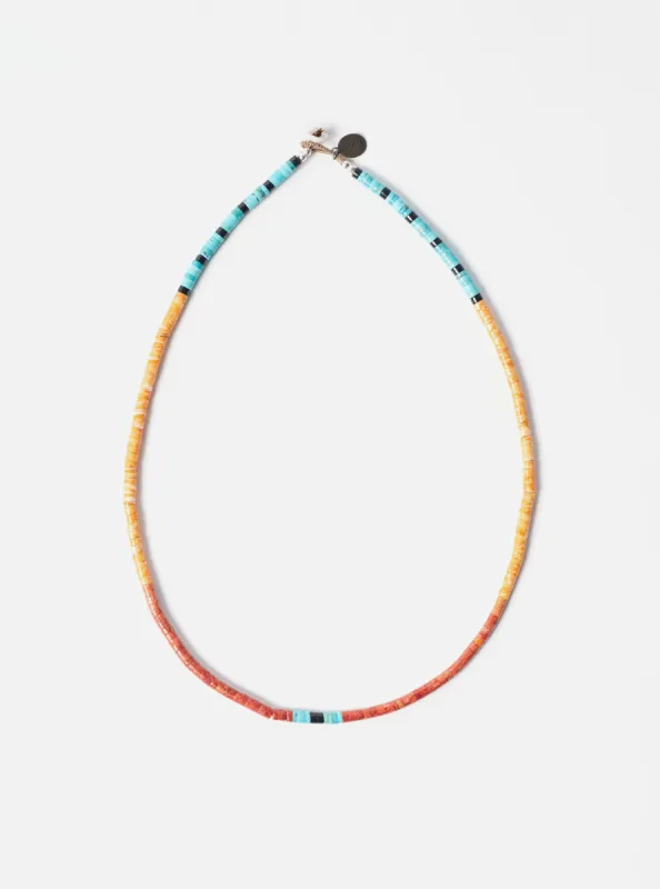 Mikia Heishi Bead Necklace in Spiny Oyster/Sponge Coral/Turqoise made by Universal Works