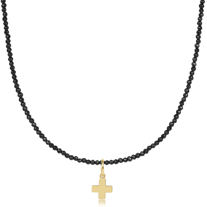 choker faceted hematite 2mm bead - signature cross gold charm sold by enewton